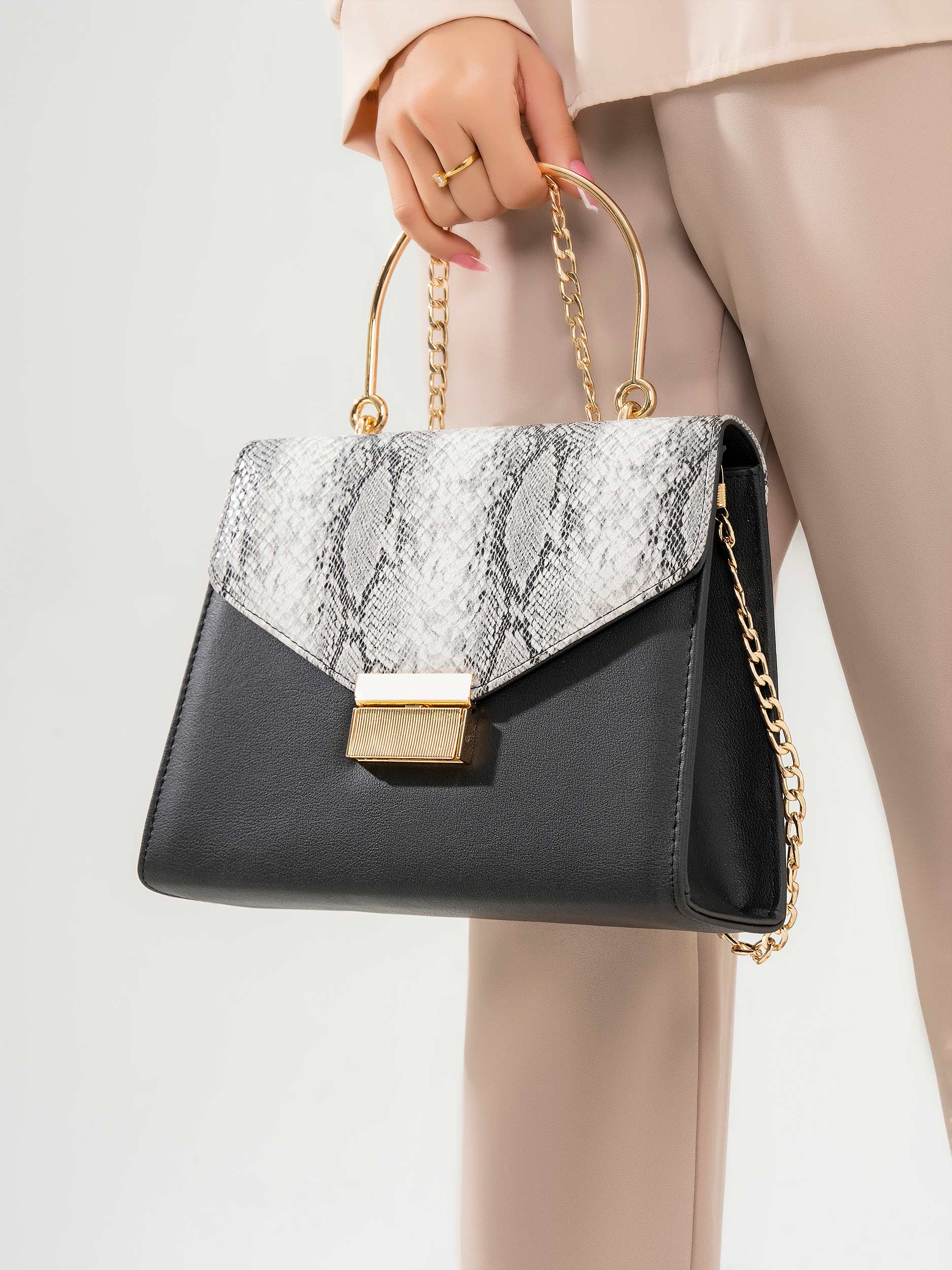 Snake Printed Flap Handbag Limelightpk