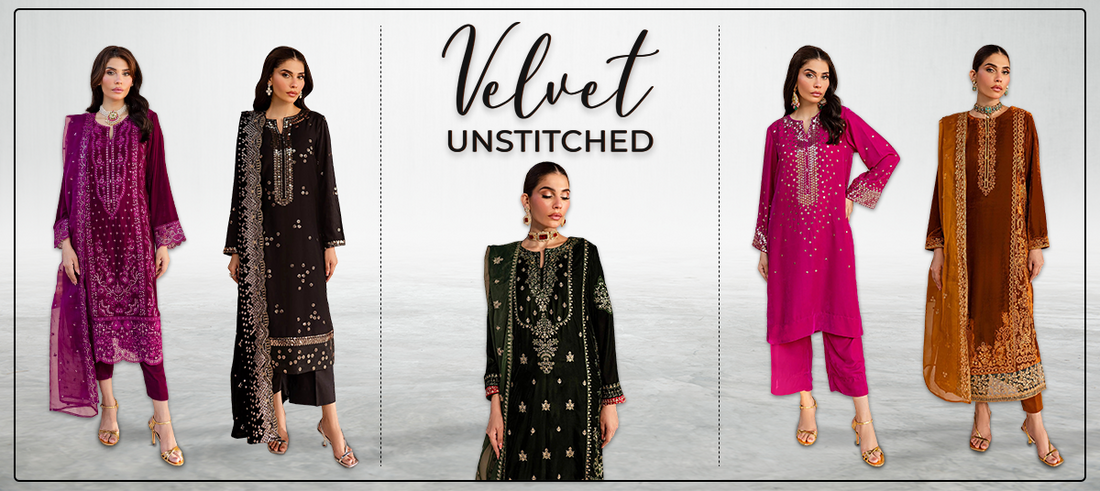 Unstitched Velvet Suits styled By Amna Babar