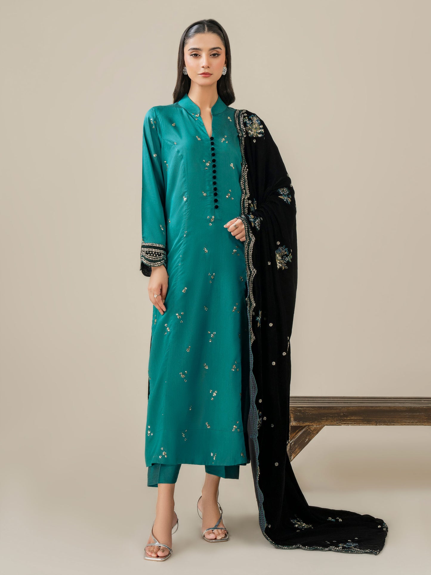 3 Piece Raw Silk Suit-Embroidered (Pret)