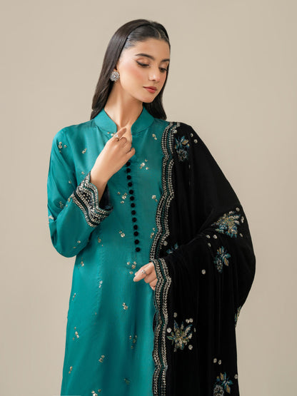 3 Piece Raw Silk Suit-Embroidered (Pret)