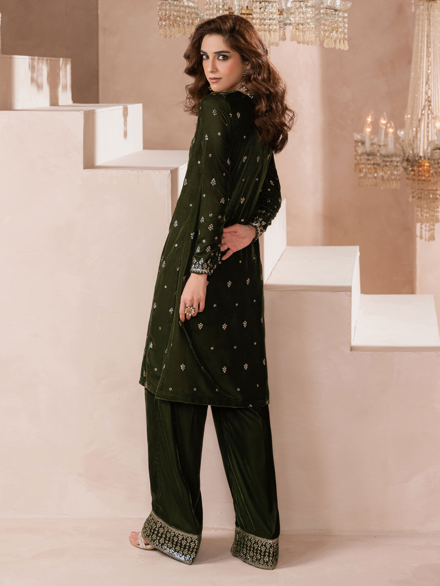 2 Piece Velvet Suit-Embroidered (Pret)