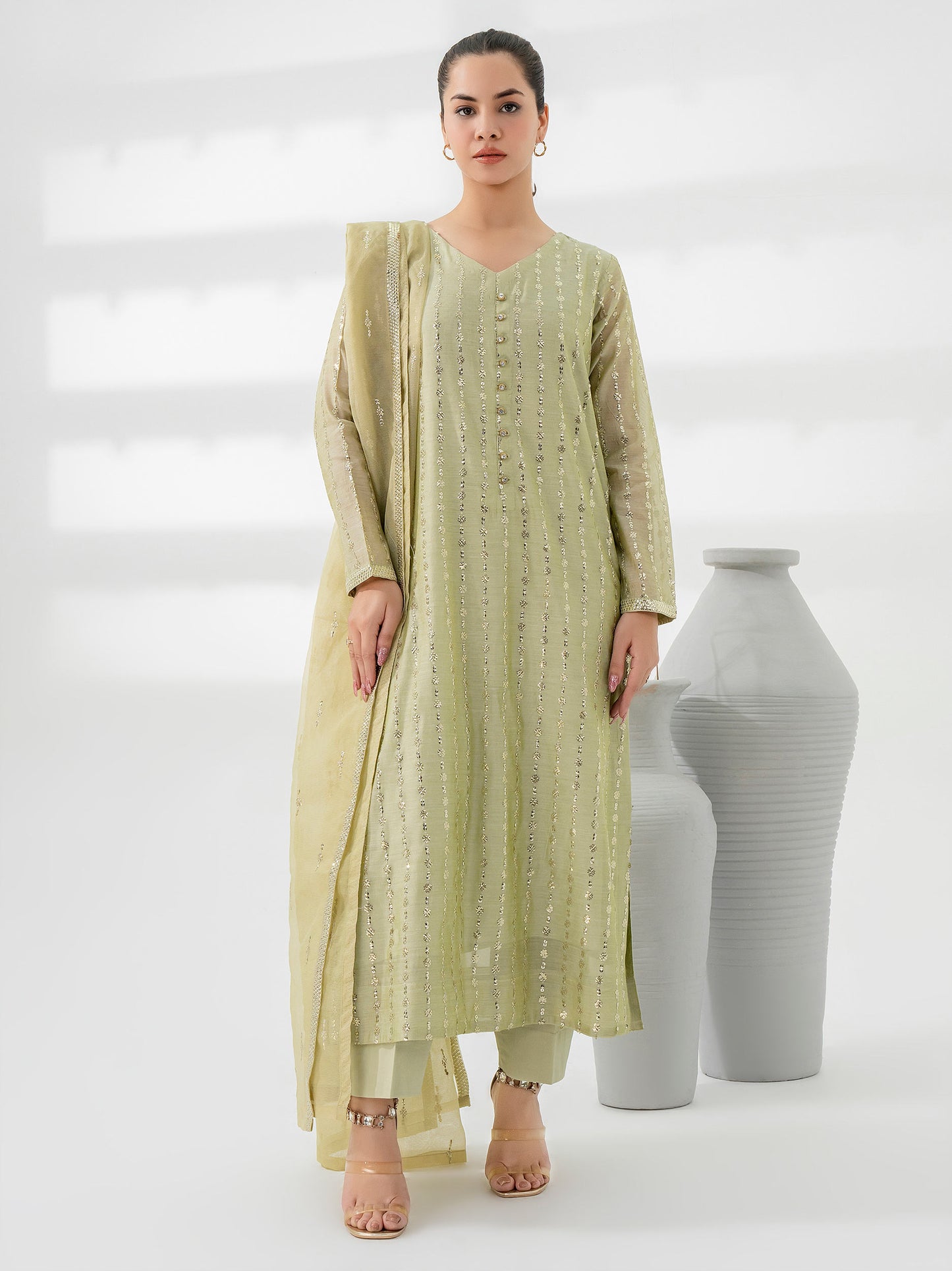 3 Piece Raw Silk Suit-Embroidered (Pret)