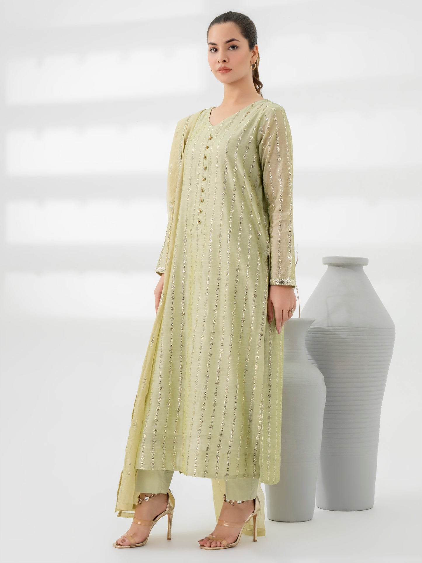 3 Piece Raw Silk Suit-Embroidered (Pret)