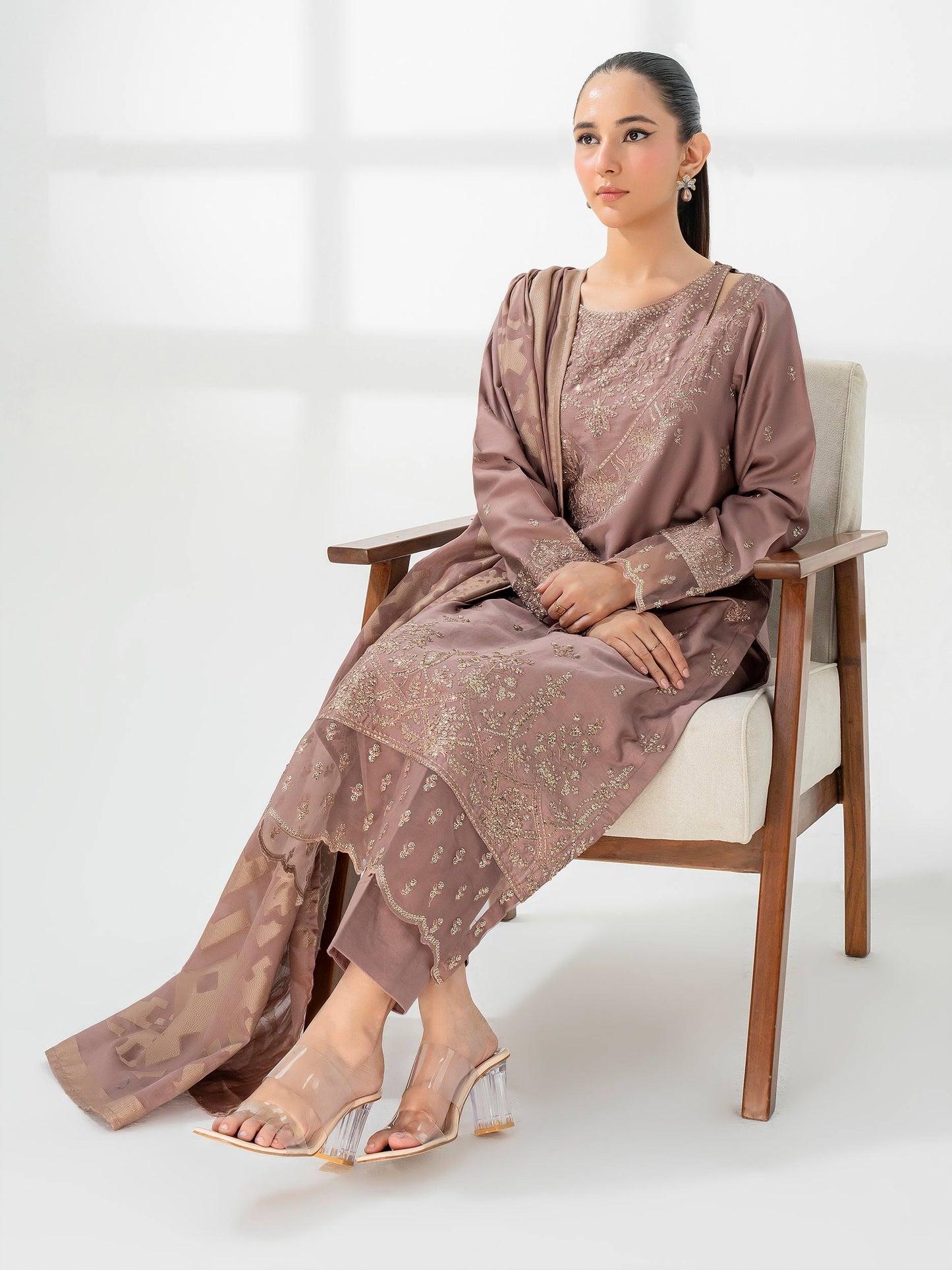 3 Piece Satin Suit-Embroidered (Pret)