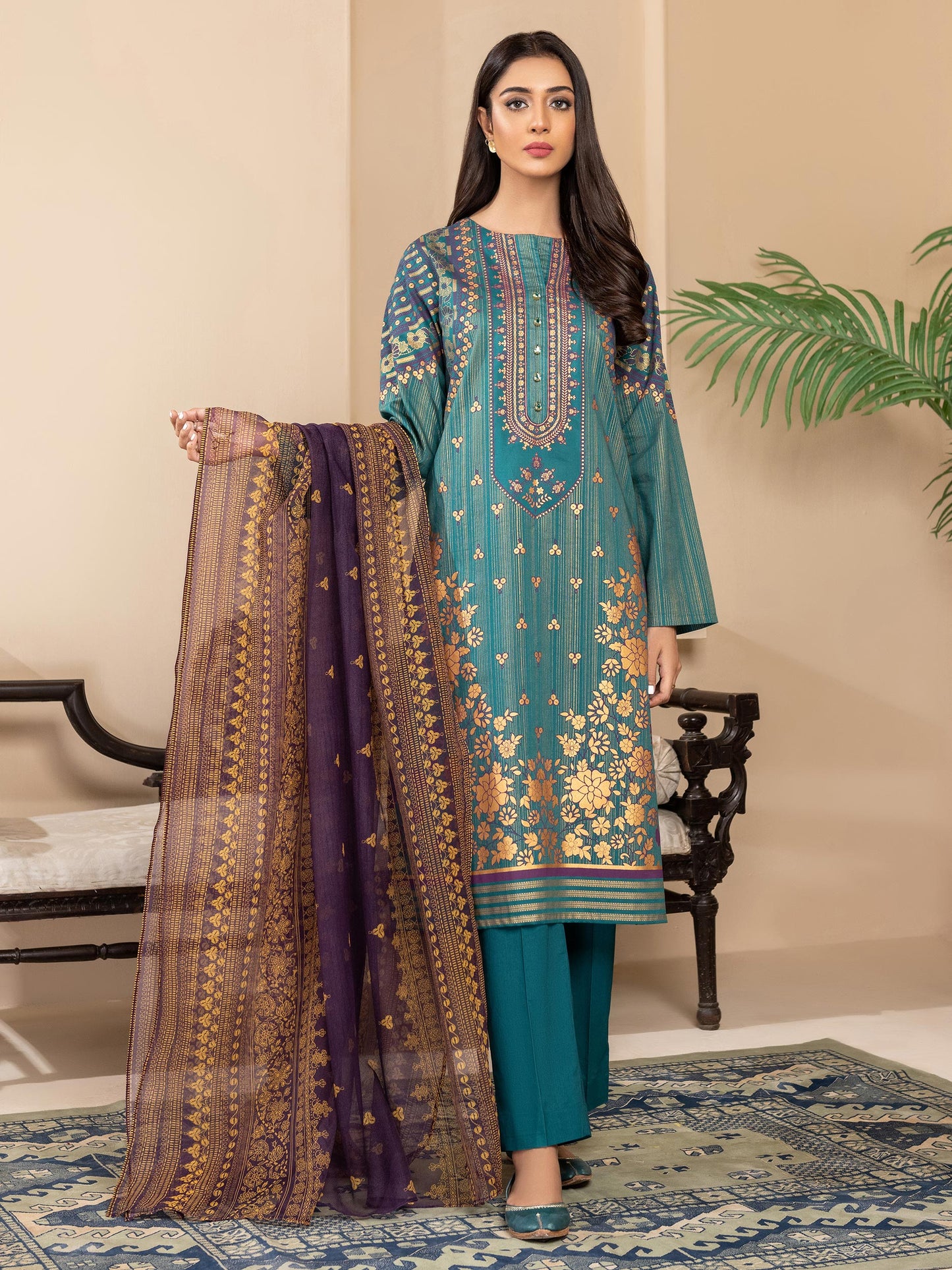 3 Piece Lawn Suit-Gold Paste Print (Unstitched)