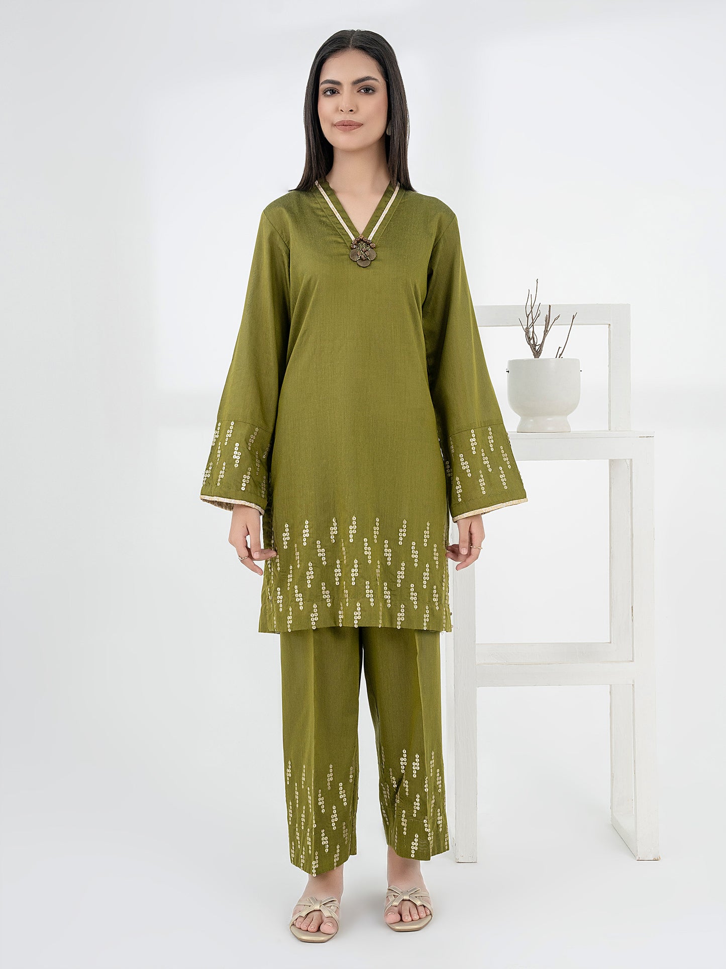 2 Piece Raw Silk Suit-Embellished (Pret)