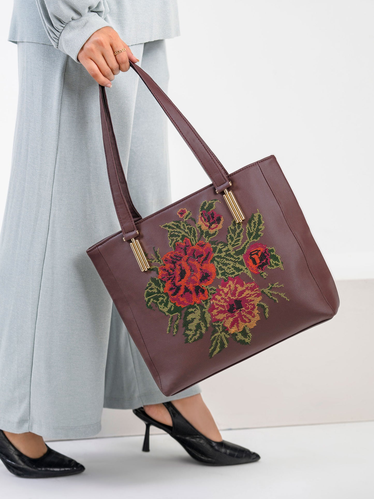 Grey floral 2024 embroidered tote bag