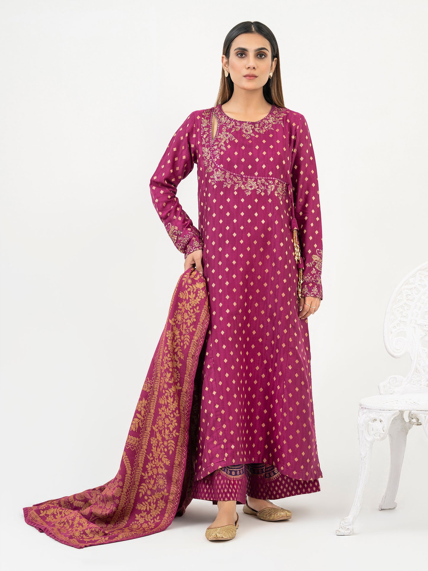 3 Piece Jacquard Suit-Embroidered (Pret)