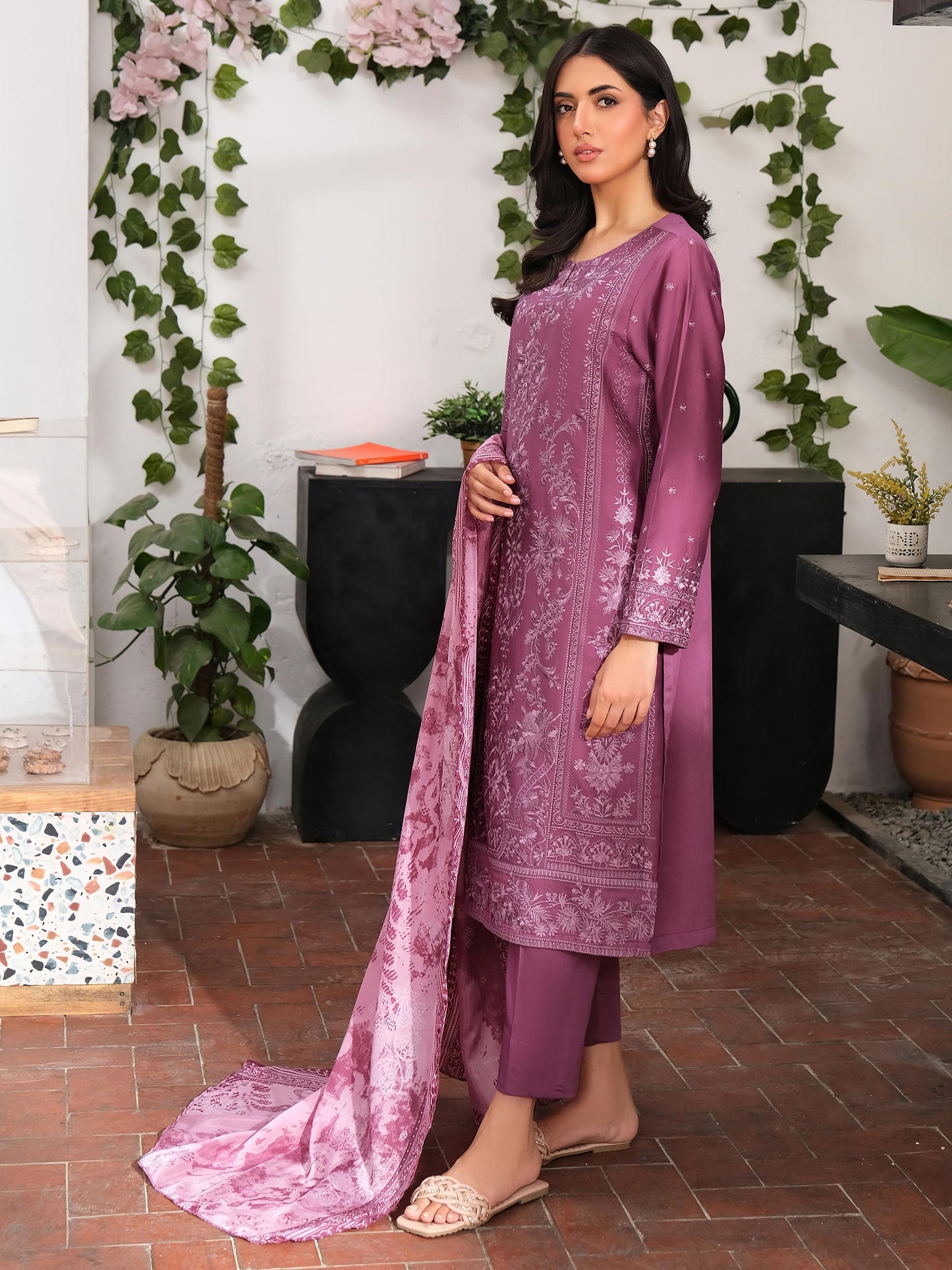 3 Piece Satin Suit-Embroidered (Unstitched)