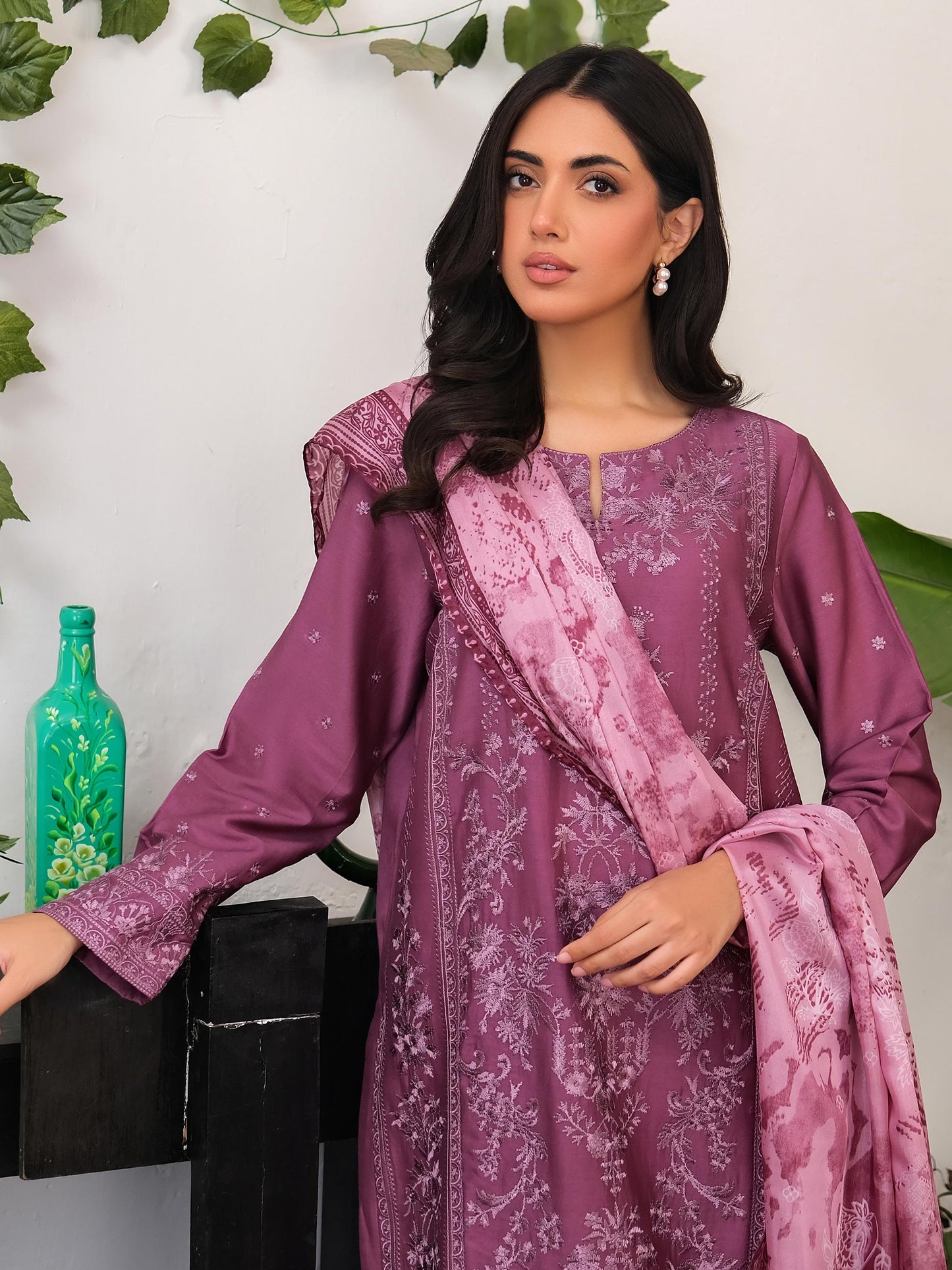 3 Piece Satin Suit-Embroidered (Unstitched)