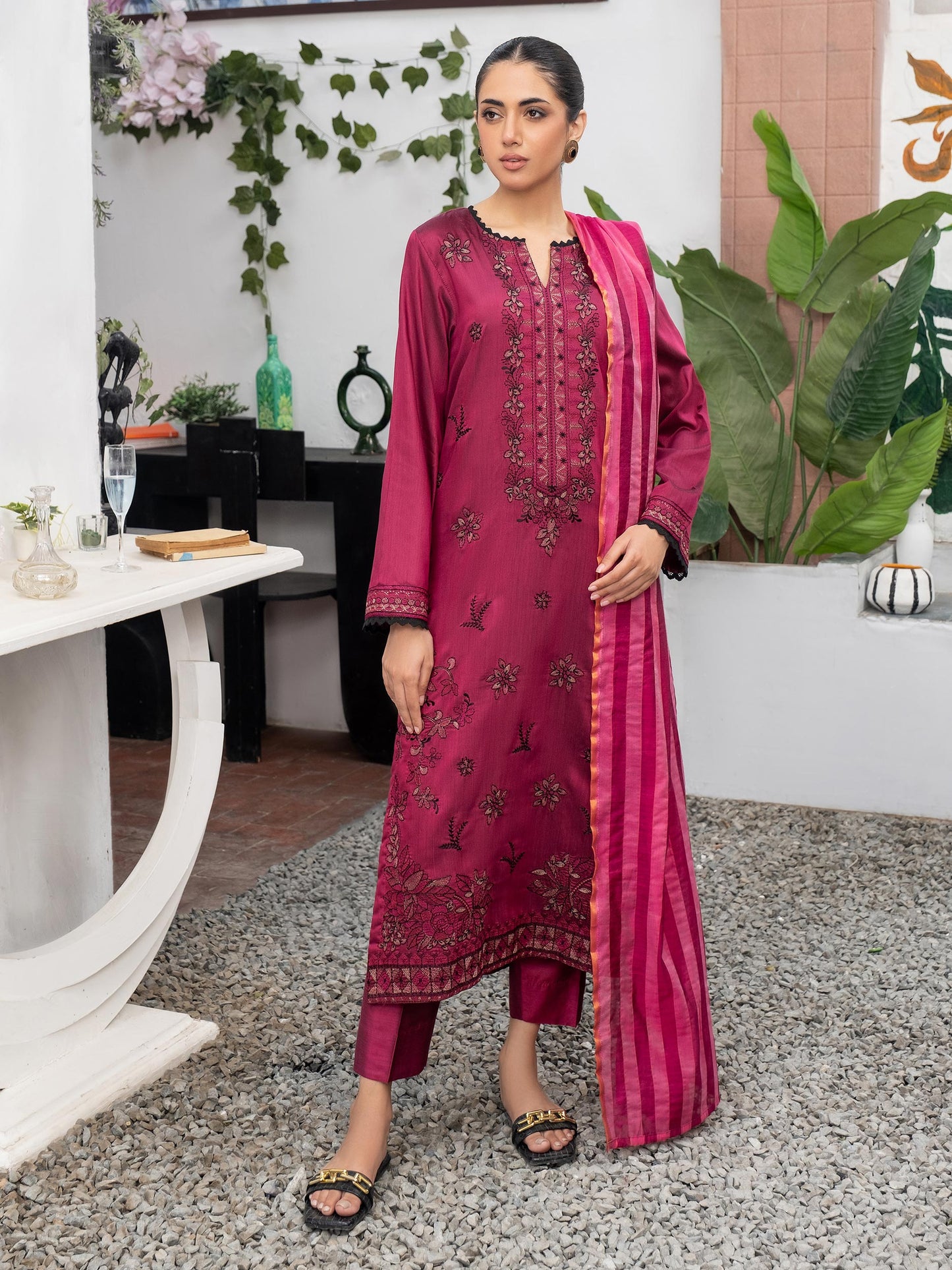 3 Piece Raw Silk Suit-Embroidered (Unstitched)