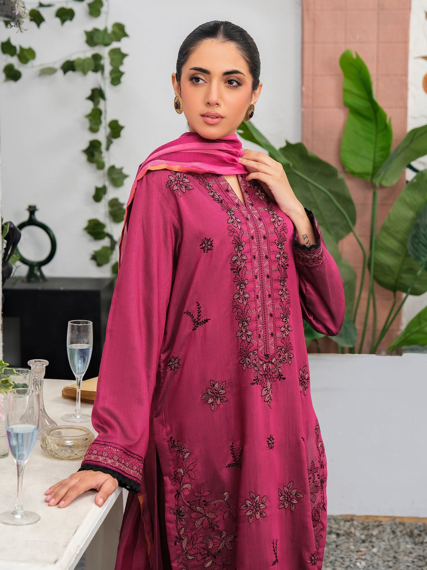 3 Piece Raw Silk Suit-Embroidered (Unstitched)