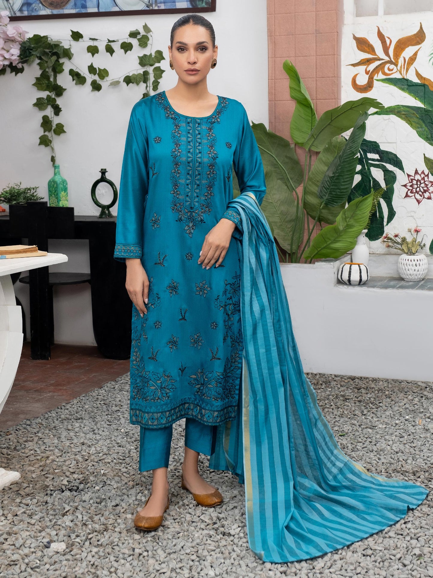 3 Piece Raw Silk Suit-Embroidered (Unstitched)