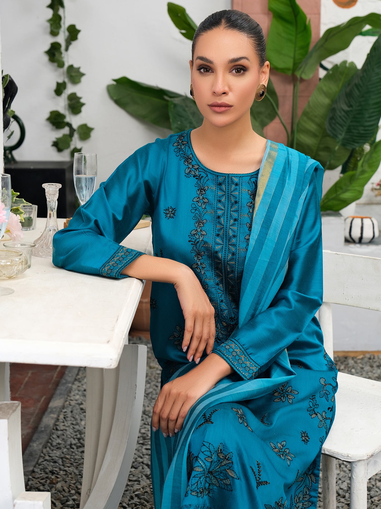 3 Piece Raw Silk Suit-Embroidered (Unstitched)