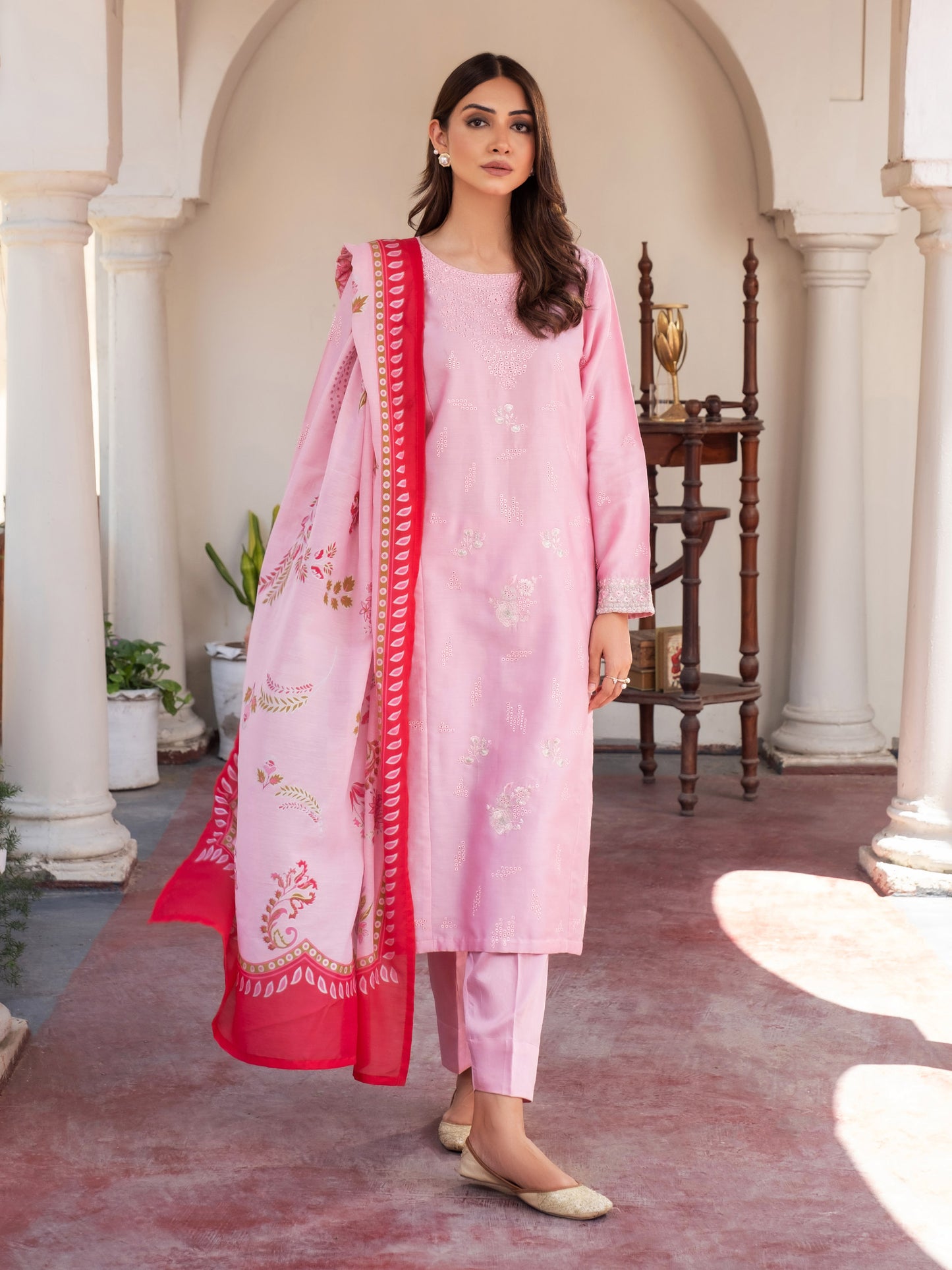 3 Piece Satin Suit- Embroidered (Pret)
