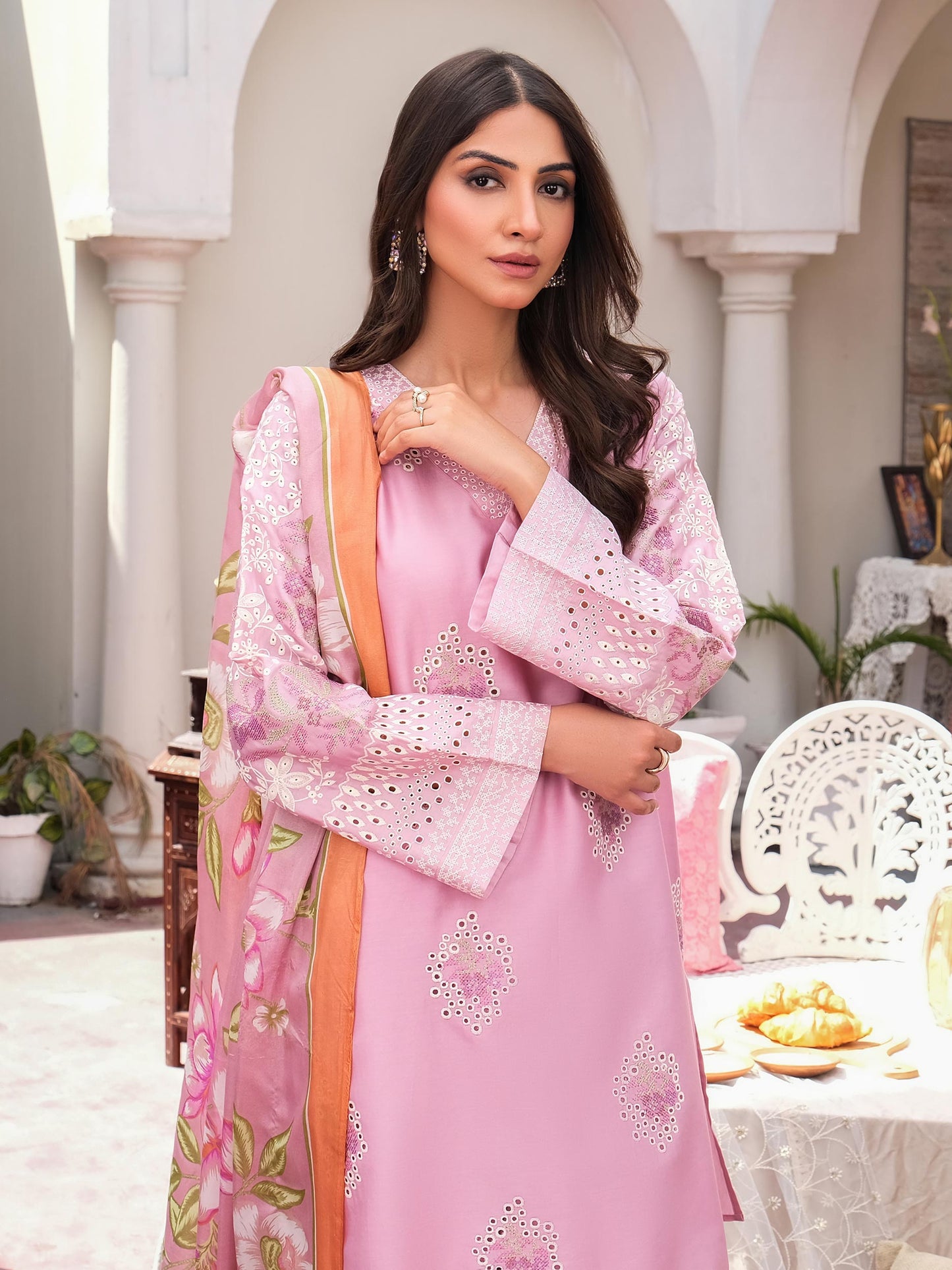 3 Piece Satin Suit-Embroidered (Unstitched)