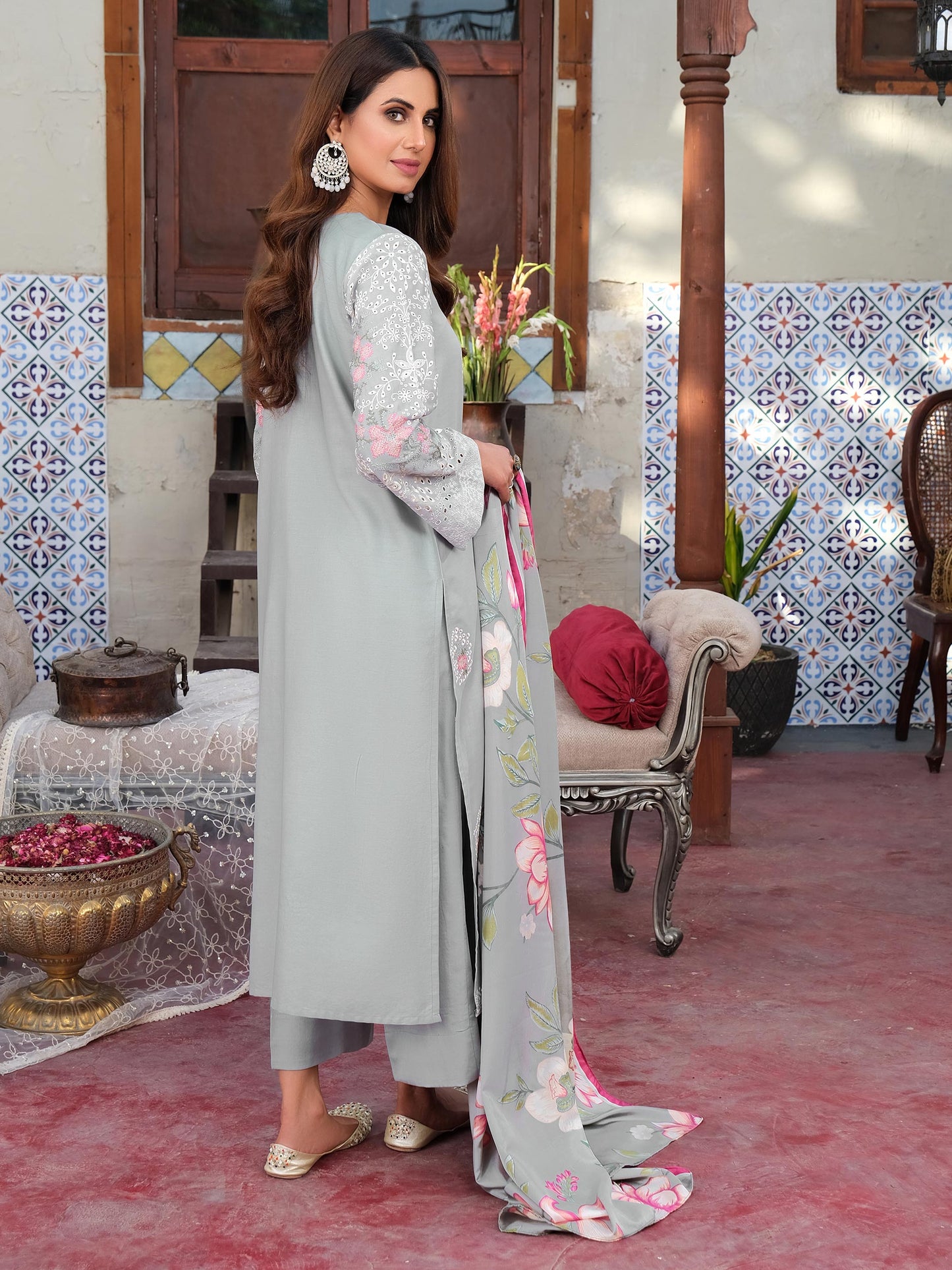 3 Piece Satin Suit-Embroidered (Unstitched)