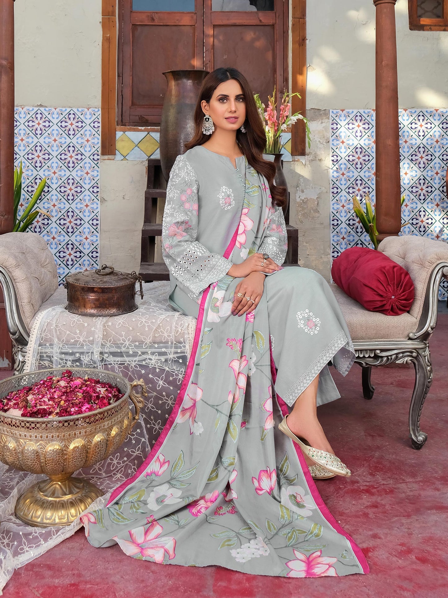 3 Piece Satin Suit-Embroidered (Unstitched)