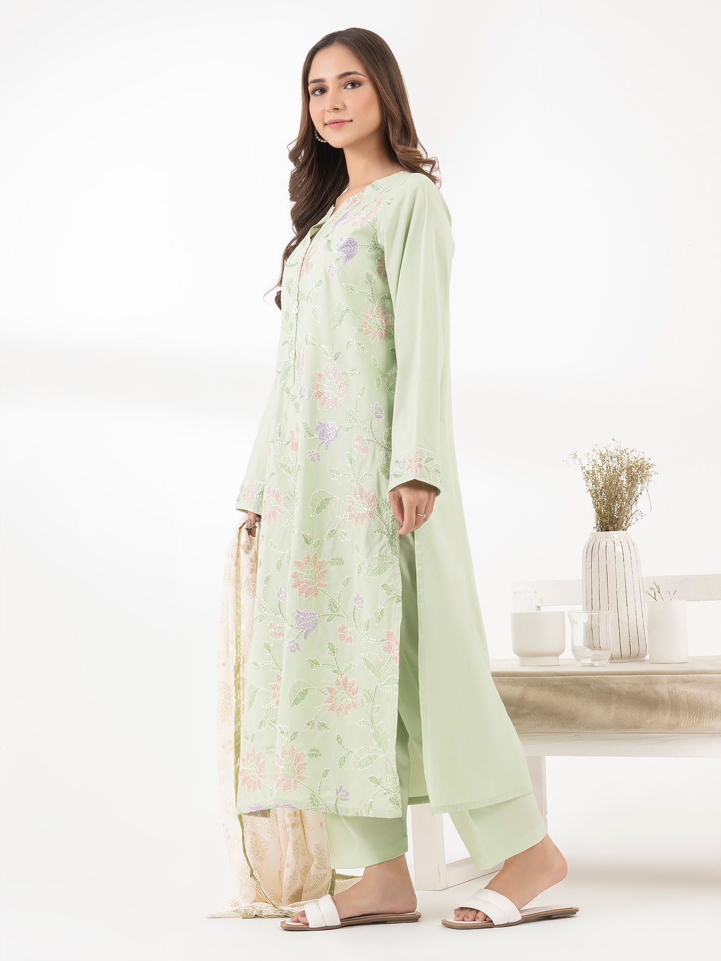 3 Piece Satin Suit-Embroidered (Pret)