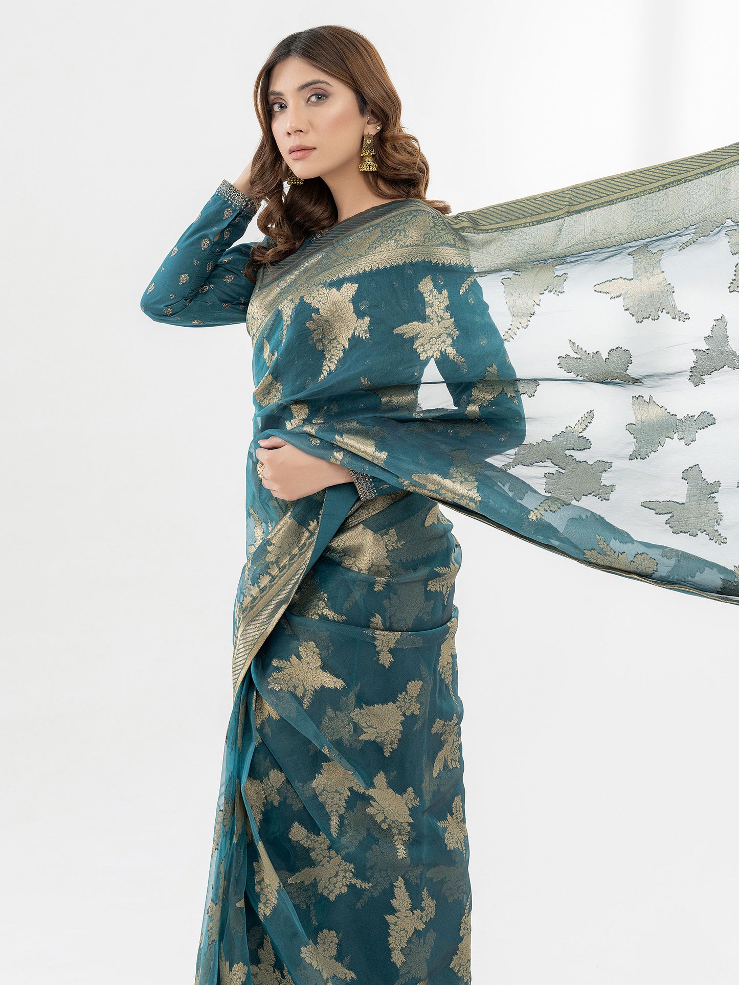 3 Piece Cambric Saree-Embroidered (Pret)