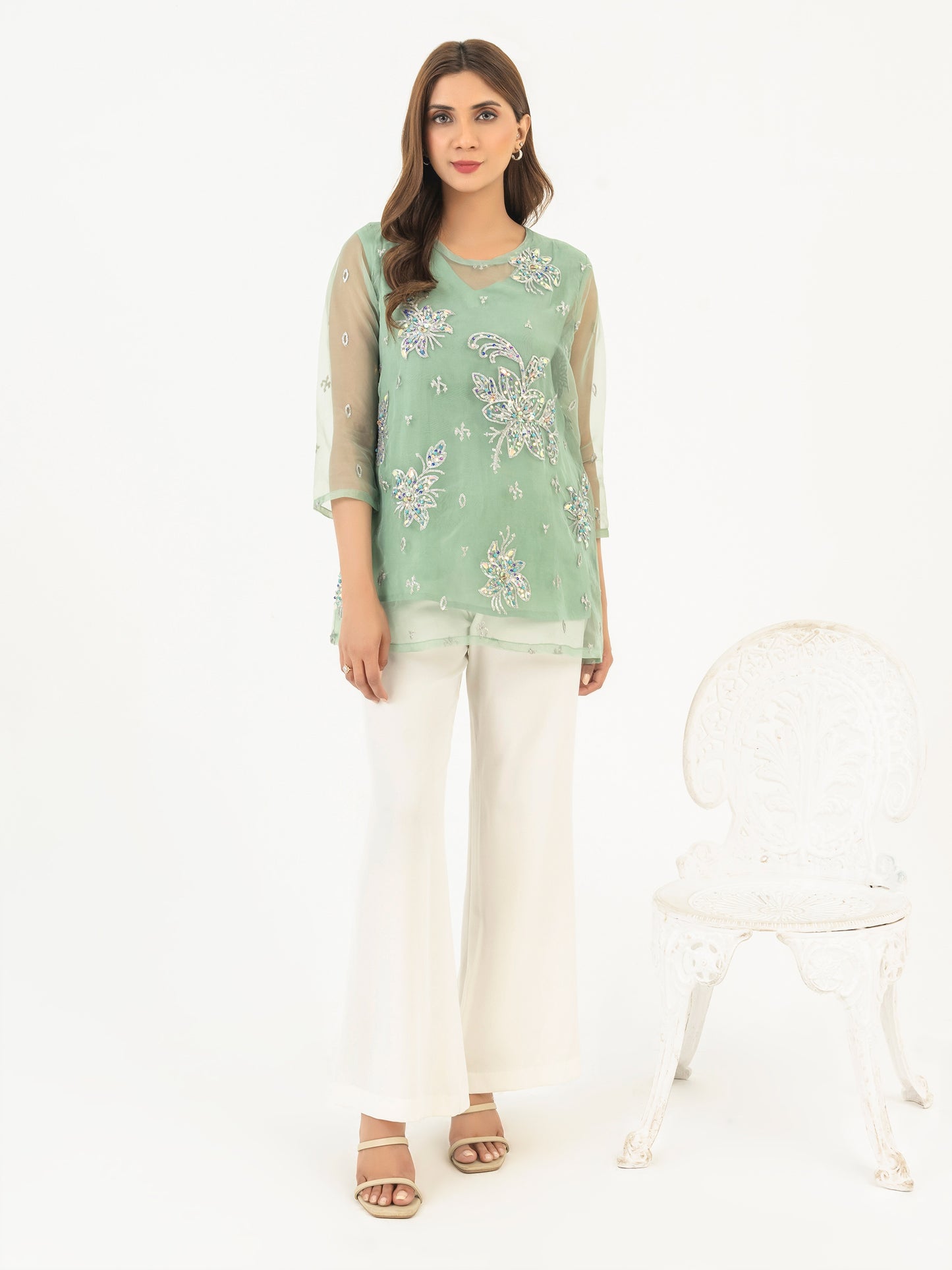 Organza Top With Slip-Embroidered