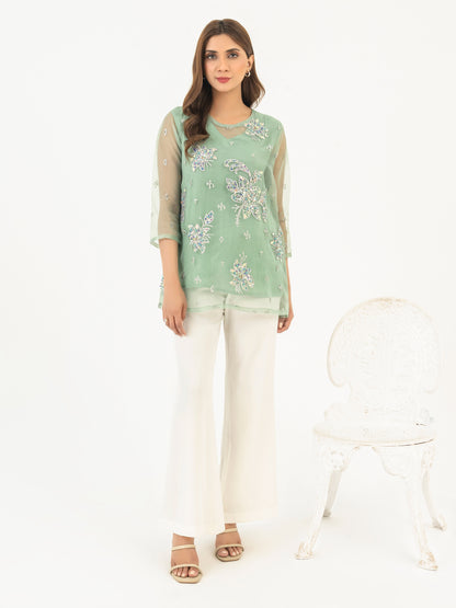 Organza Top With Slip-Embroidered