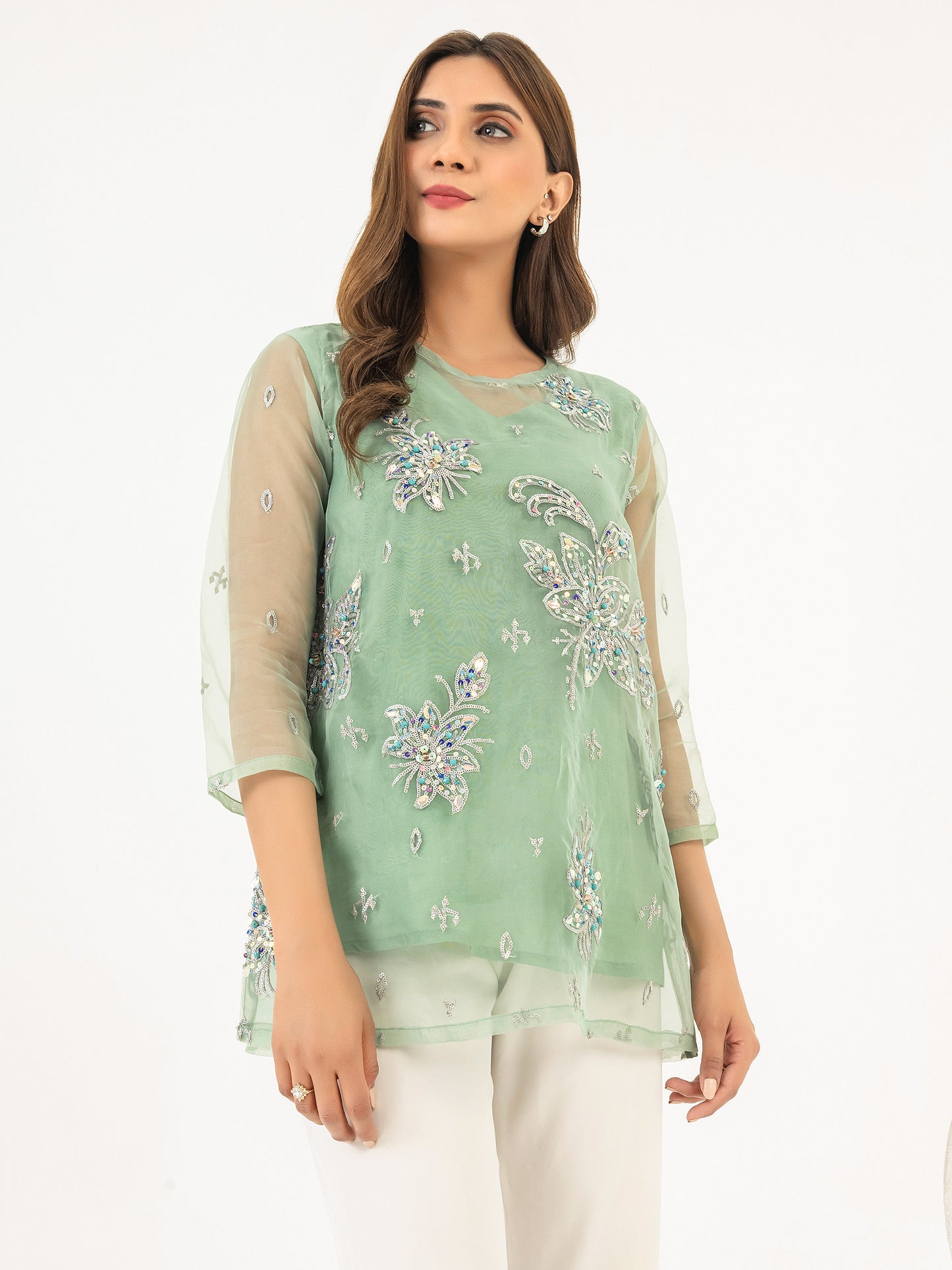 Organza Top With Slip-Embroidered