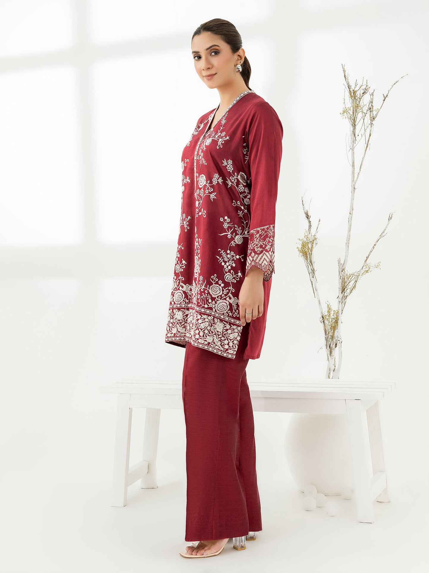 2 Piece Raw Silk Suit-Embroidered (Pret)