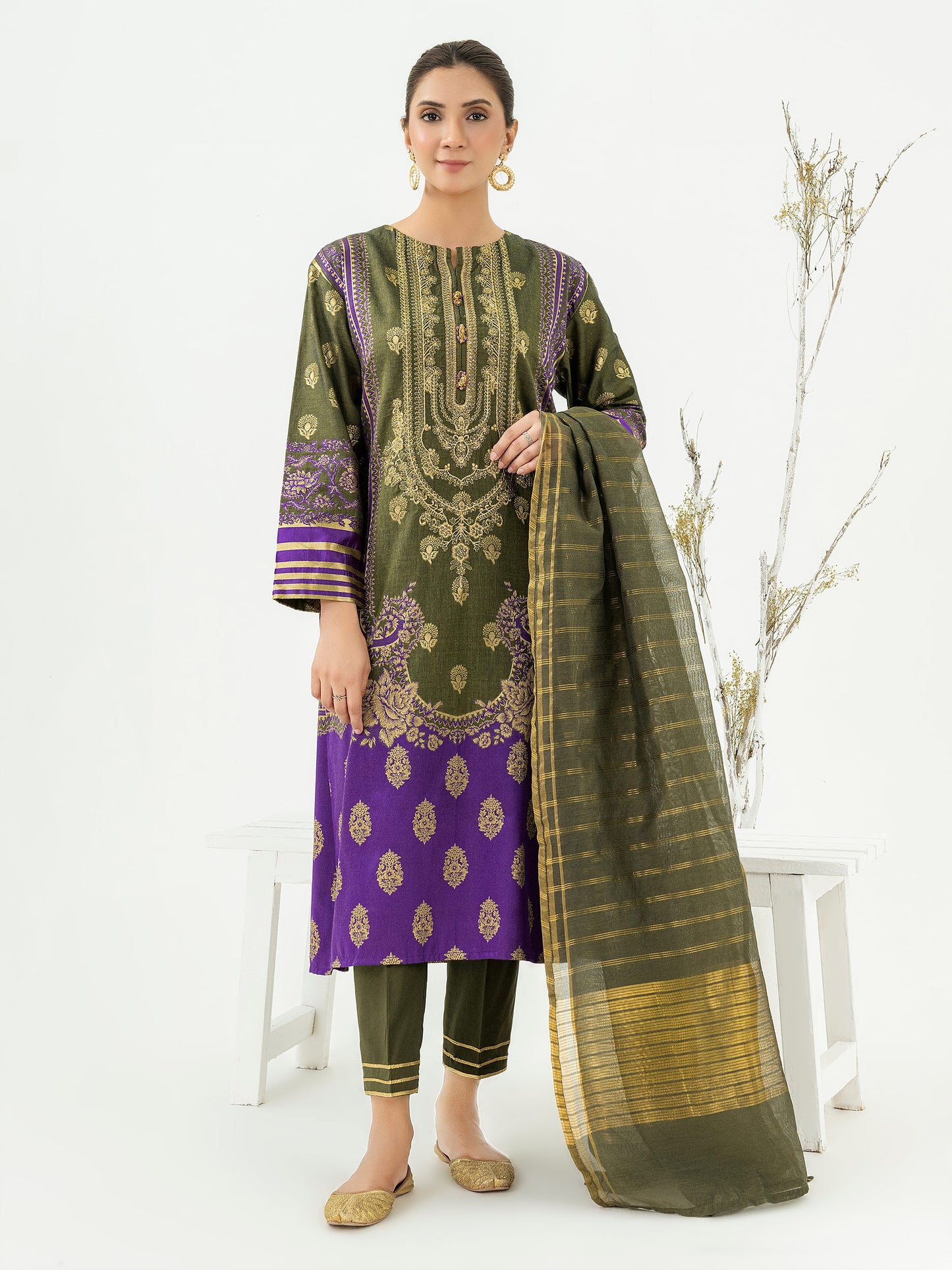 3 Piece Jacquard Suit-Embroidered (Pret)