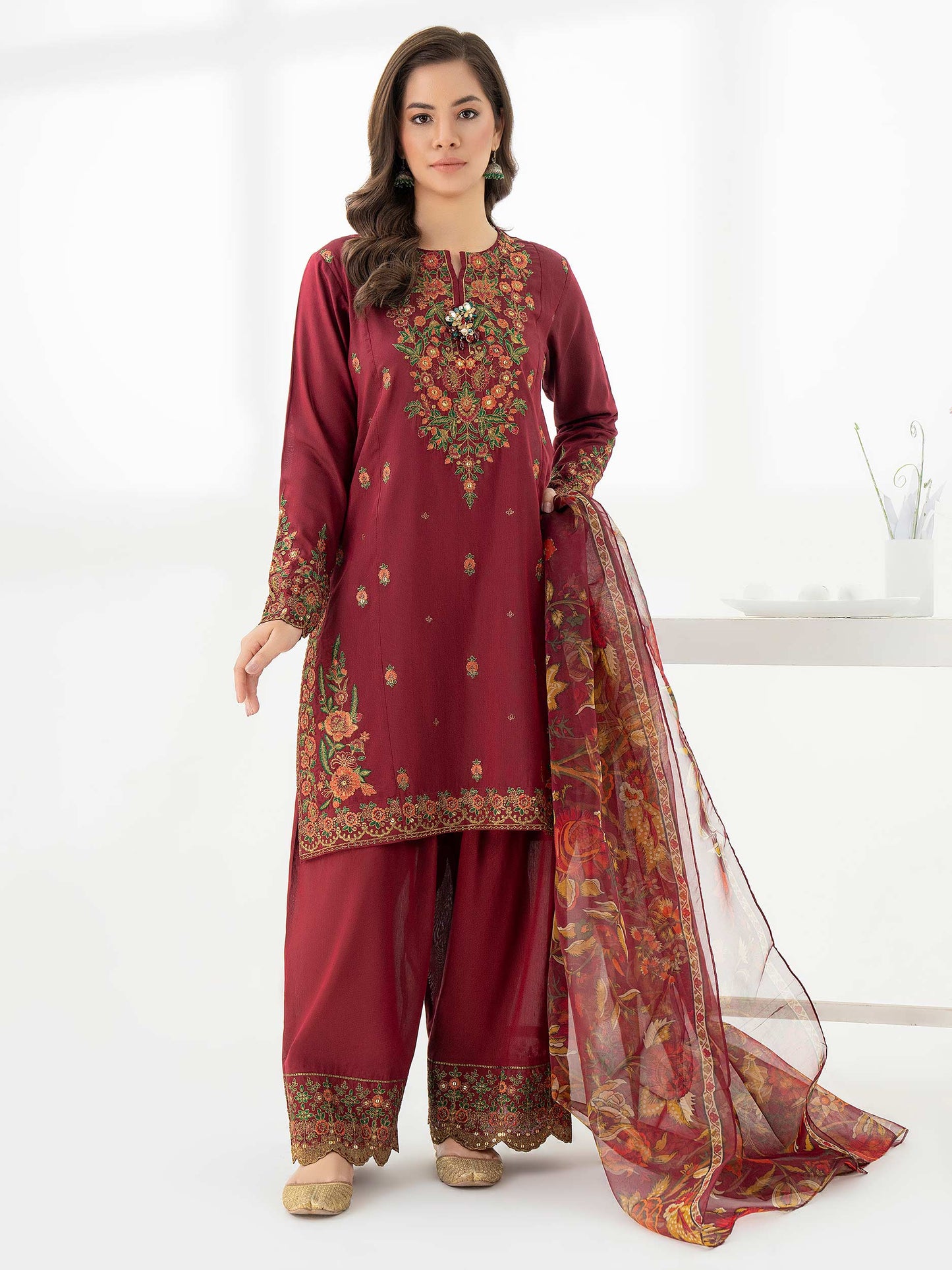 3 Piece Raw Silk Suit-Embroidered (Pret)