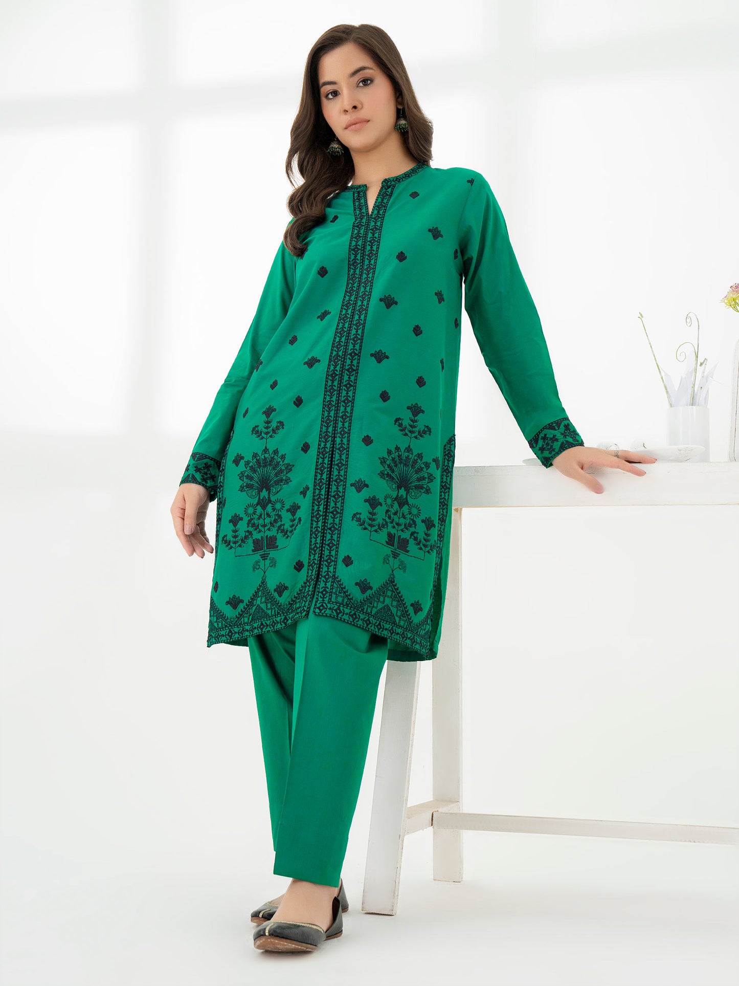 2 Piece Satin Suit-Embroidered (Pret)