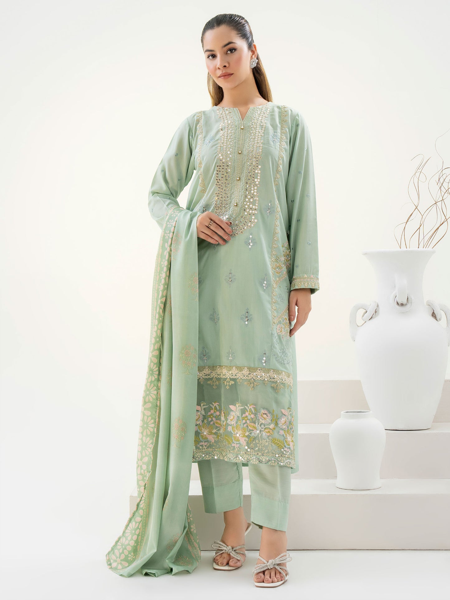 3 Piece Raw Silk Suit-Embroidered (Pret)