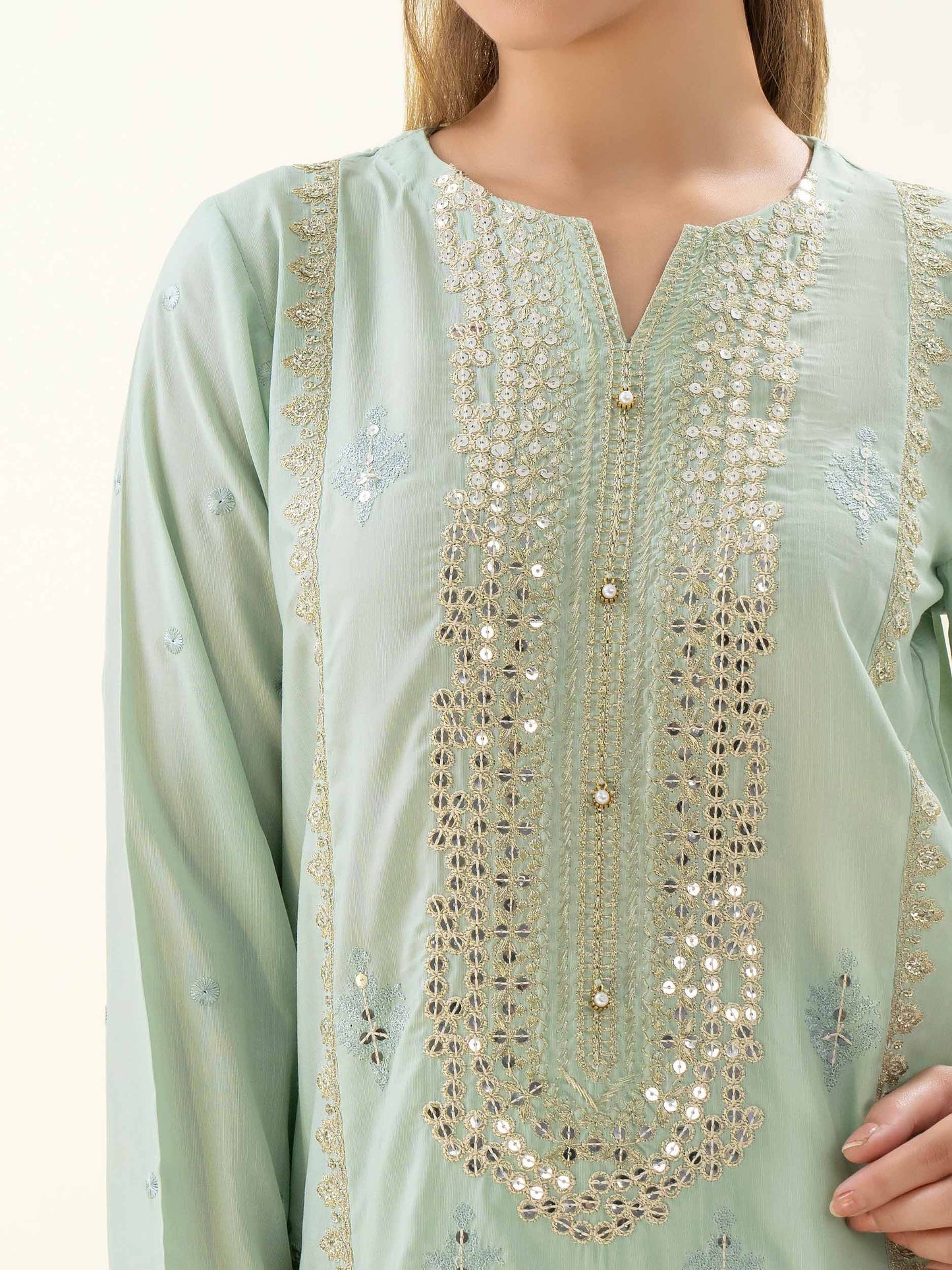 3 Piece Raw Silk Suit-Embroidered (Pret)