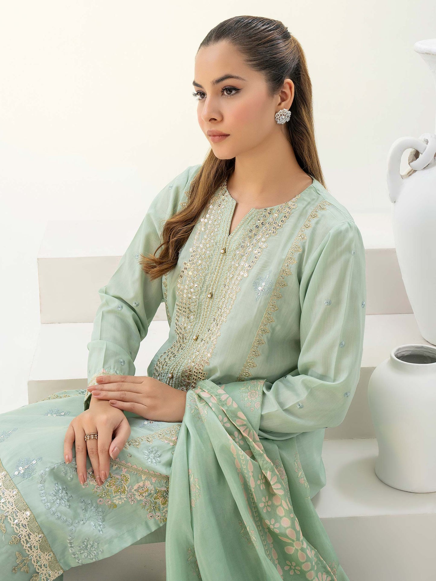 3 Piece Raw Silk Suit-Embroidered (Pret)