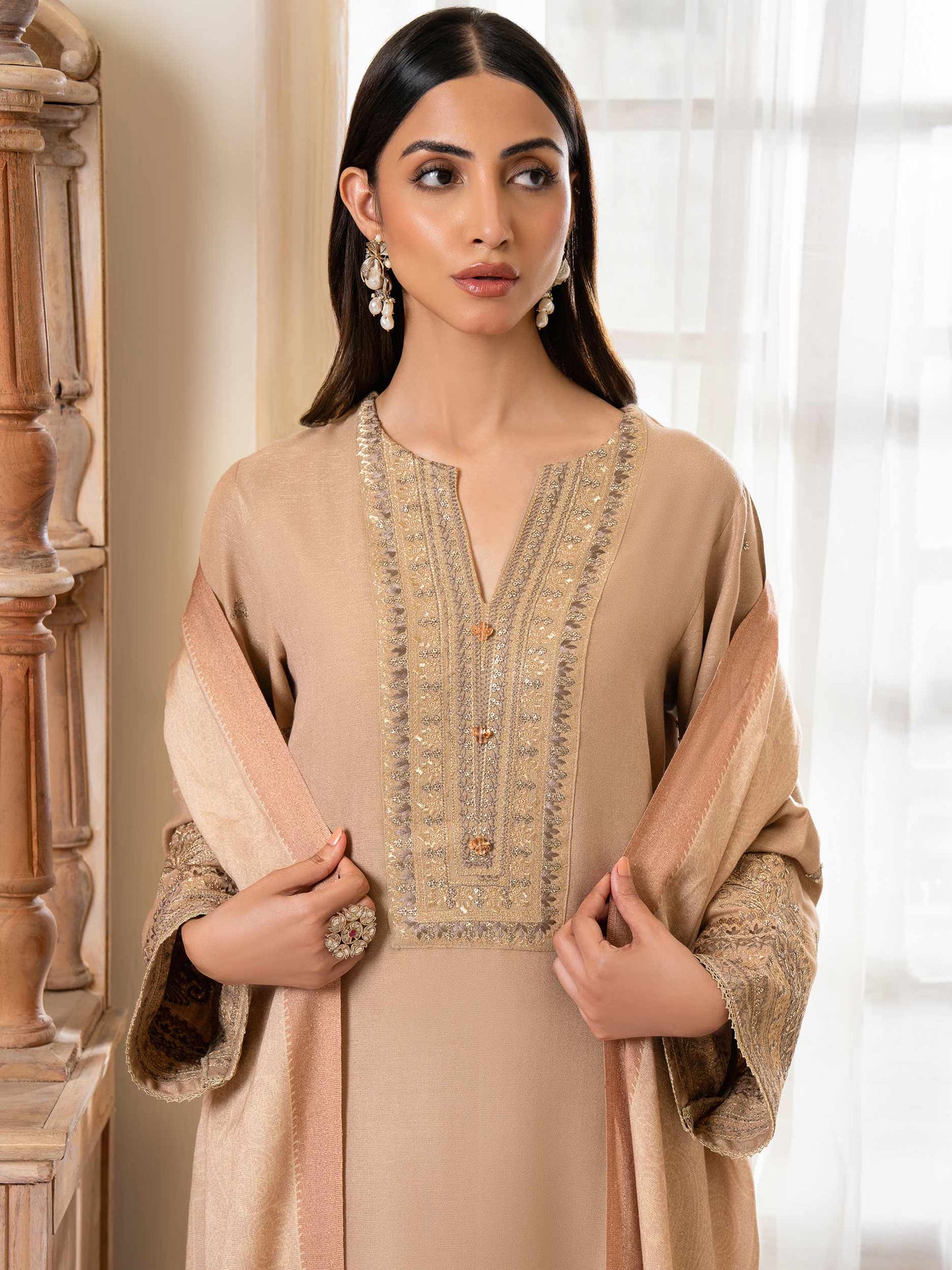 3 Piece Zari Suit-Embroidered (Unstitched)