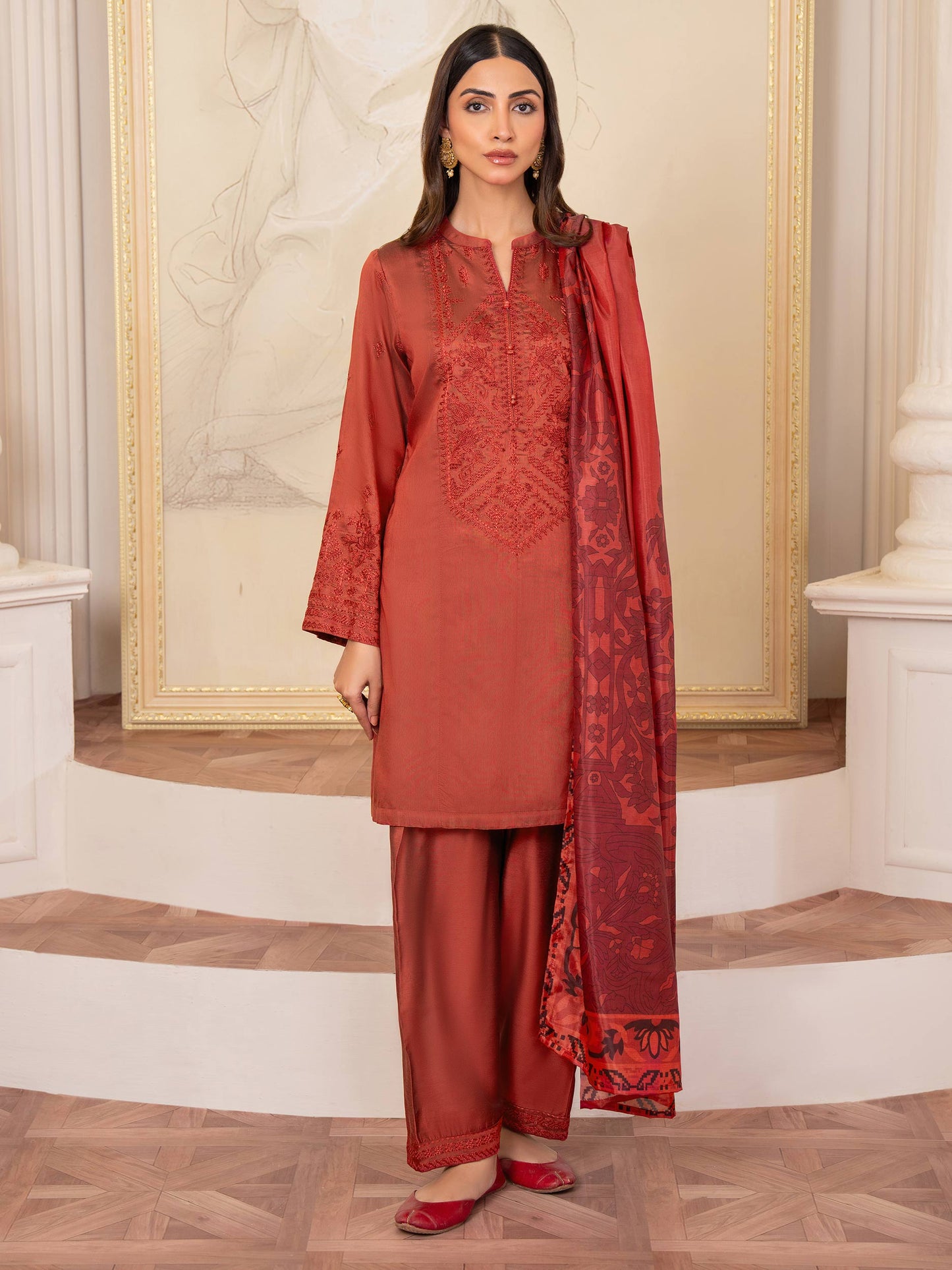 3 Piece Raw Silk Suit-Embroidered (Unstitched)