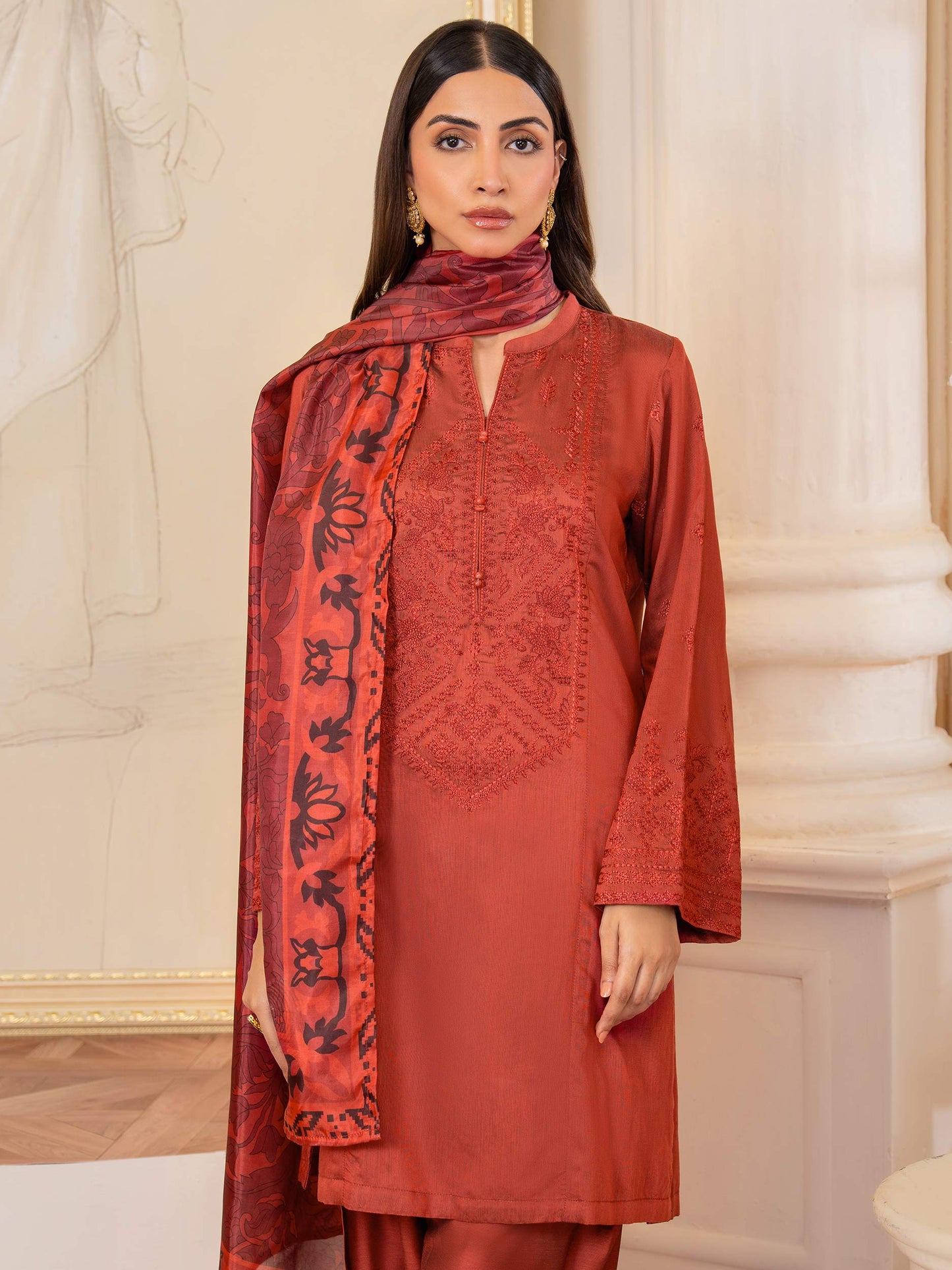 3 Piece Raw Silk Suit-Embroidered (Unstitched)