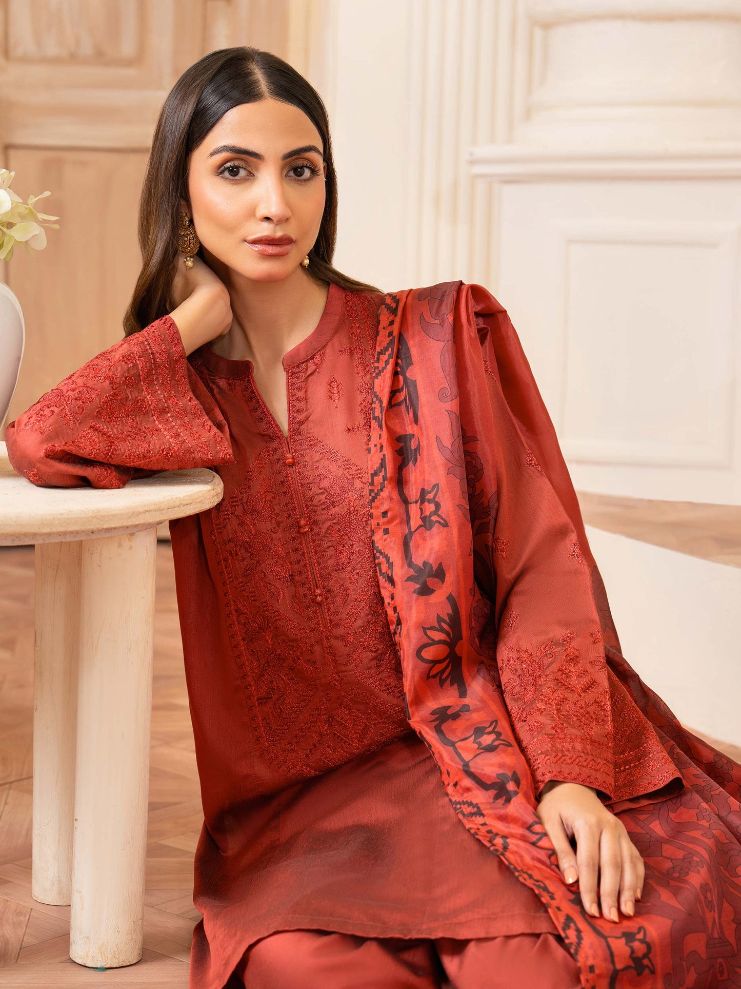 3 Piece Raw Silk Suit-Embroidered (Unstitched)