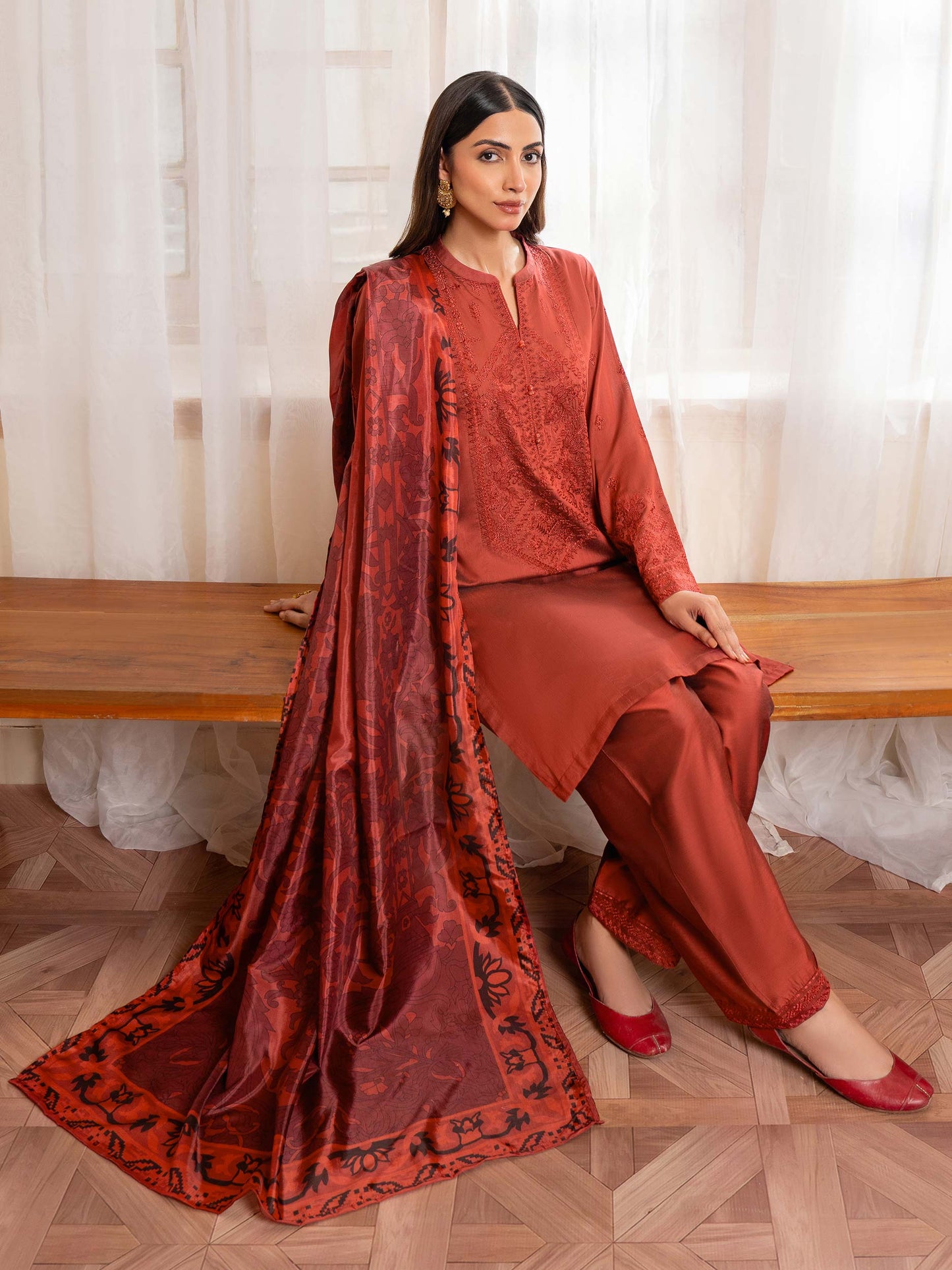 3 Piece Raw Silk Suit-Embroidered (Unstitched)