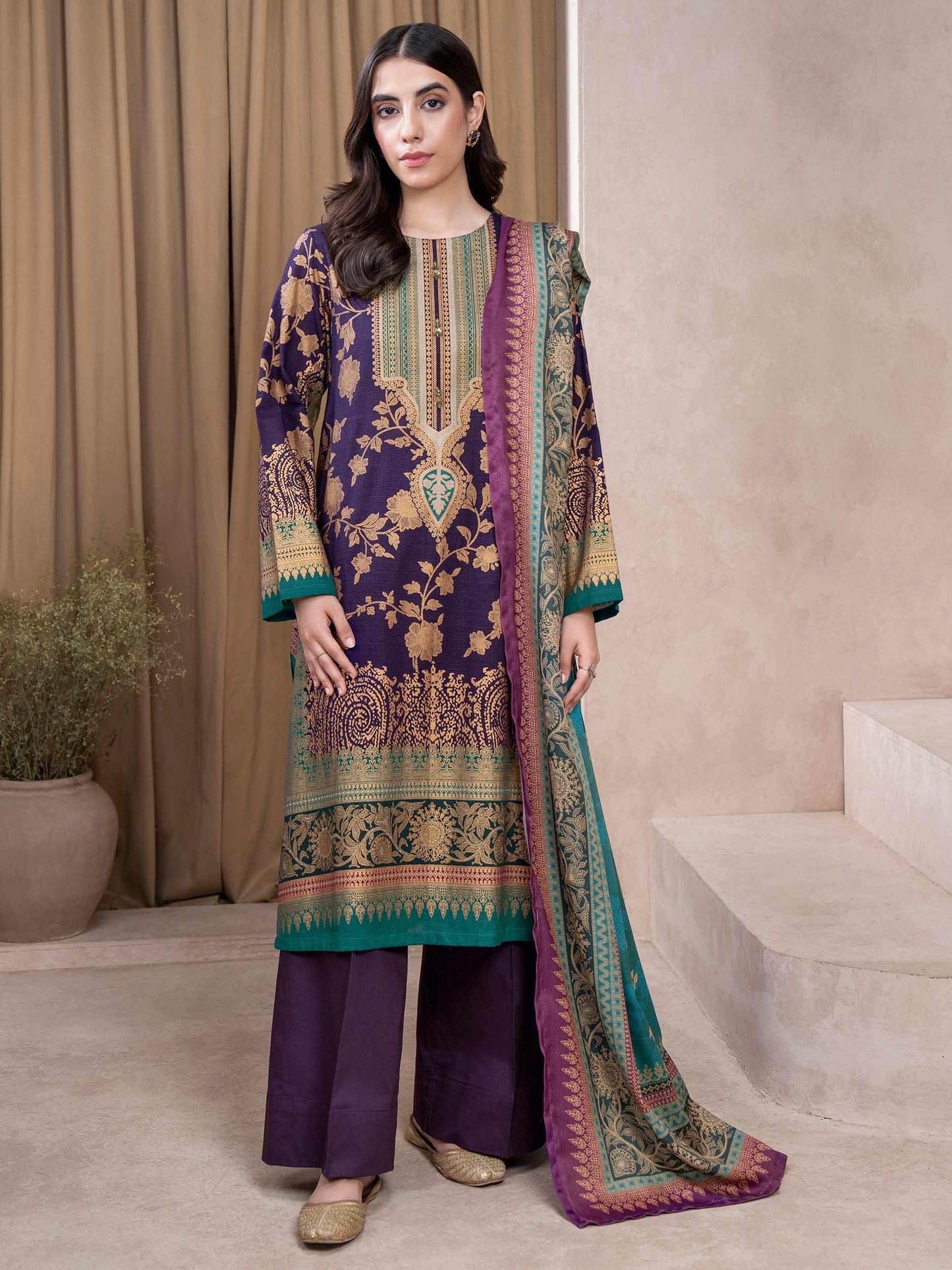 3 Piece Khaddar Suit-Paste Print (Unstitched)