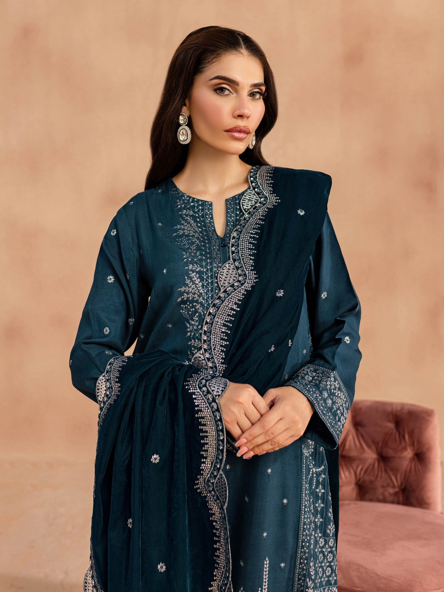 3 Piece Silk Suit-Embroidered (Unstitched)