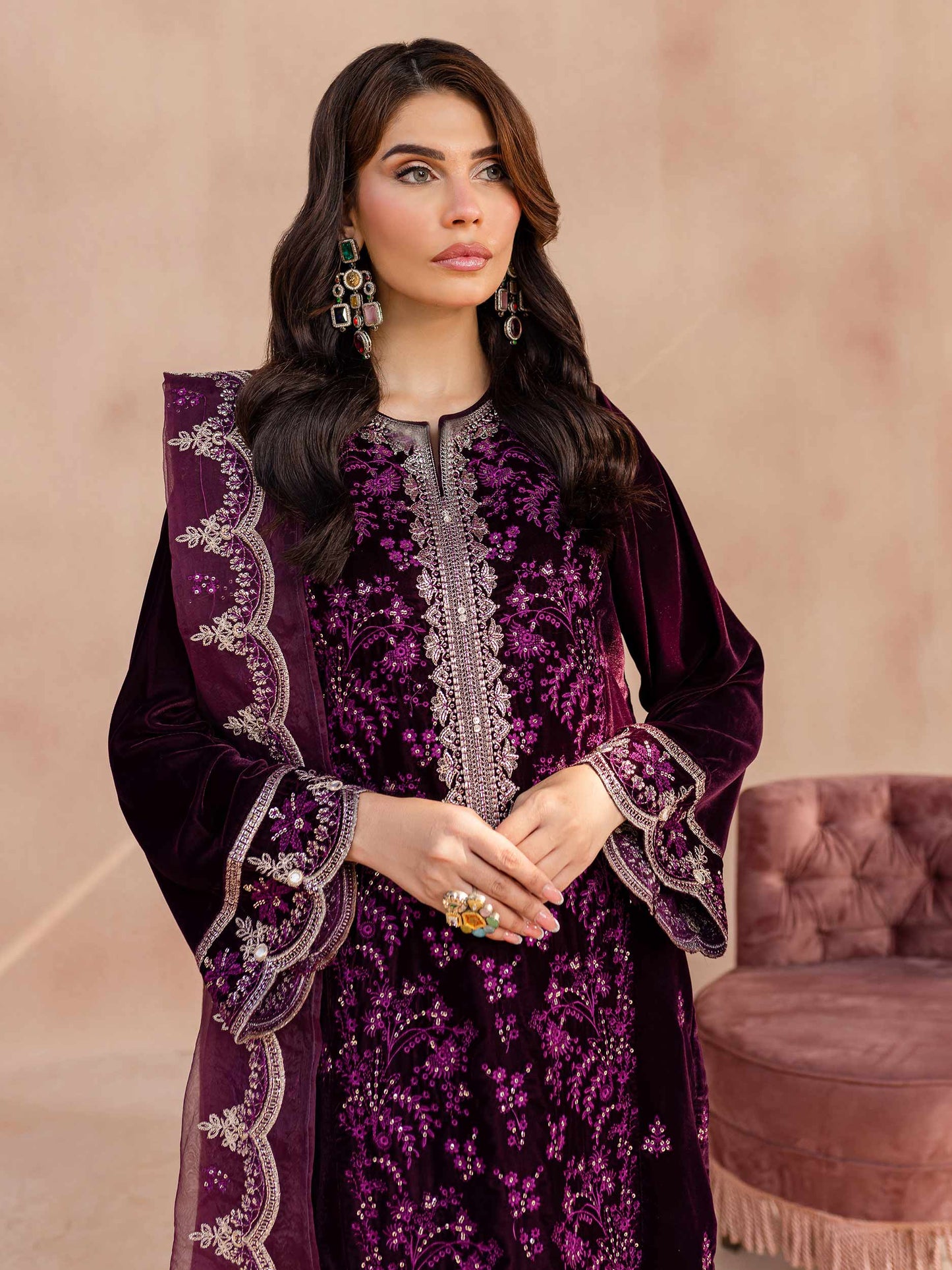 3 Piece Velvet Suit-Embroidered (Unstitched)