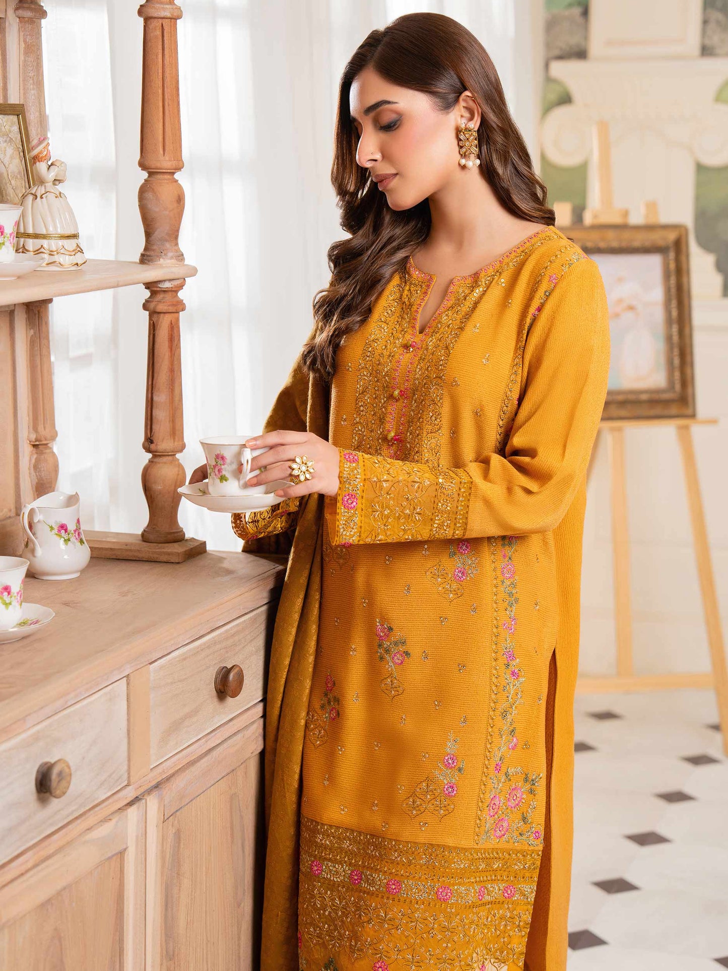 3 Piece Zari Suit-Embroidered (Unstitched)