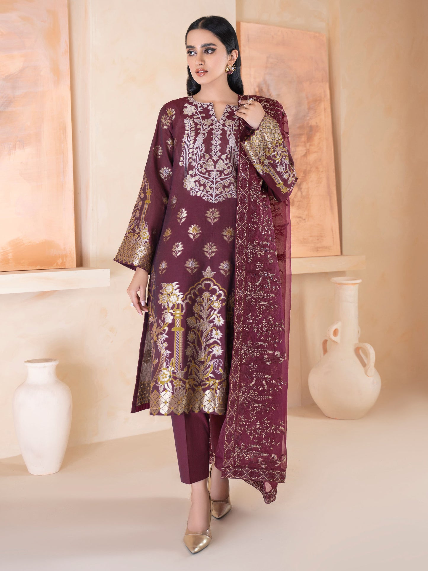 3 Piece Jacquard Suit-Embroidered (Unstitched)