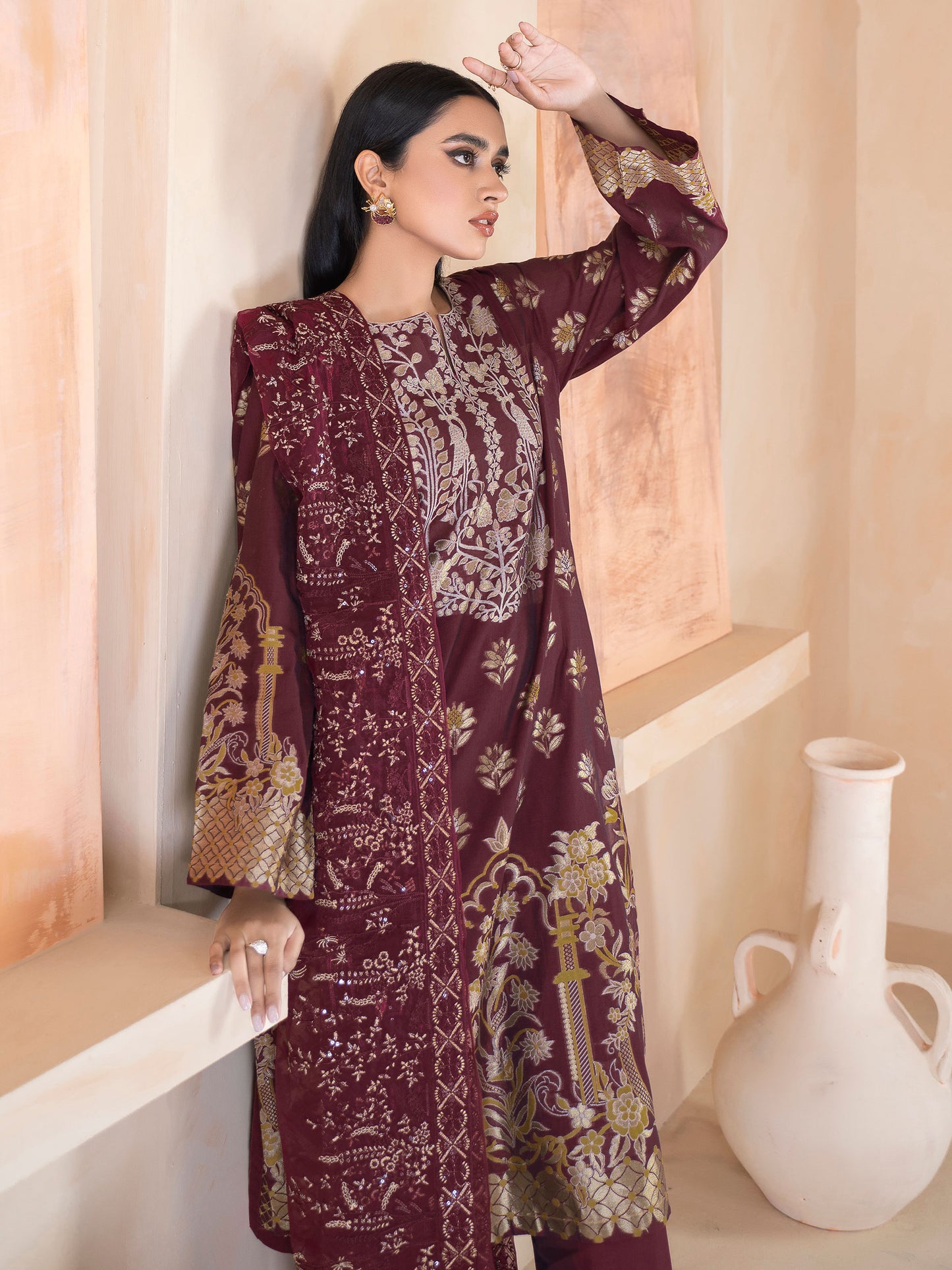 3 Piece Jacquard Suit-Embroidered (Unstitched)