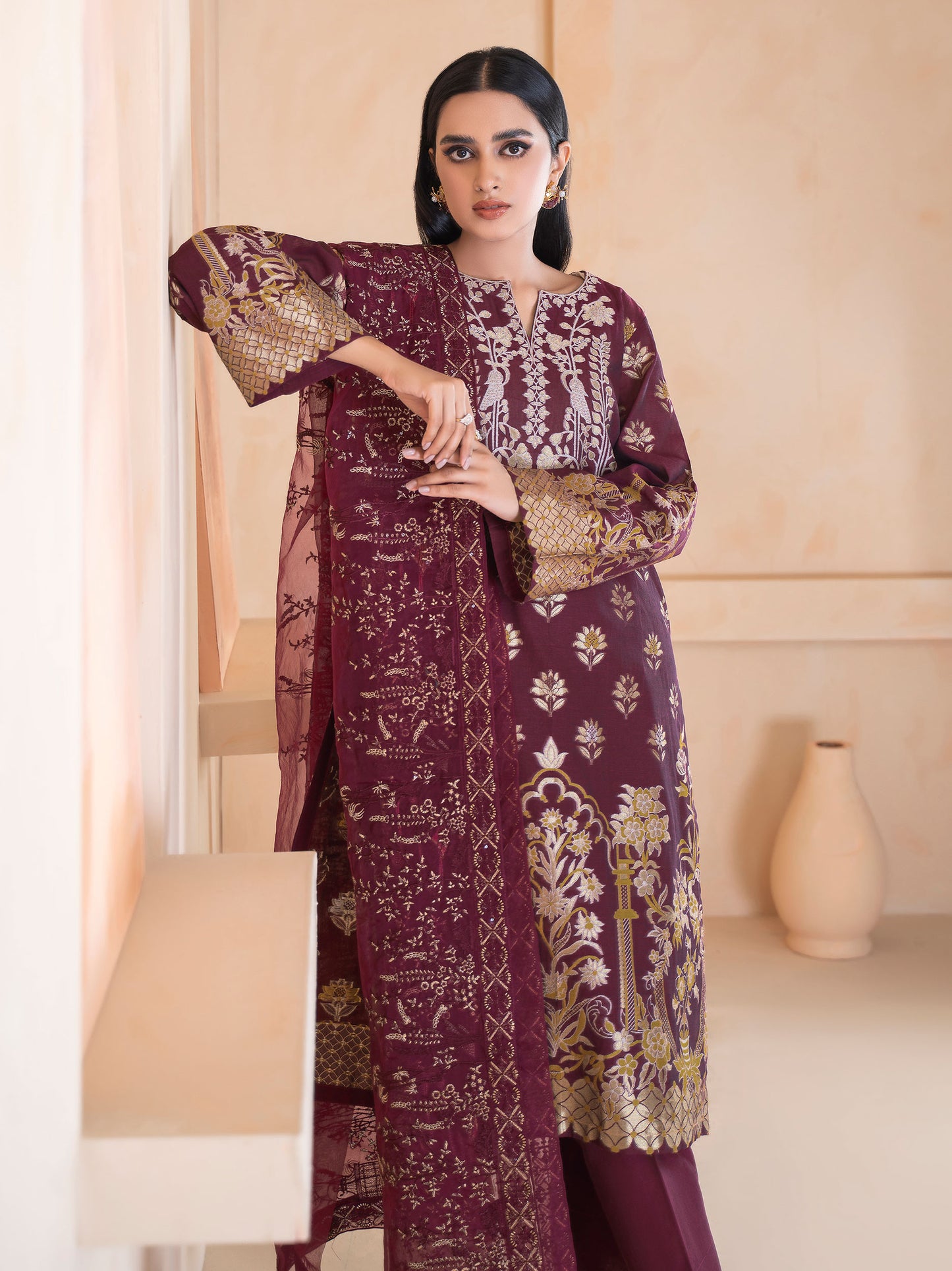 3 Piece Jacquard Suit-Embroidered (Unstitched)