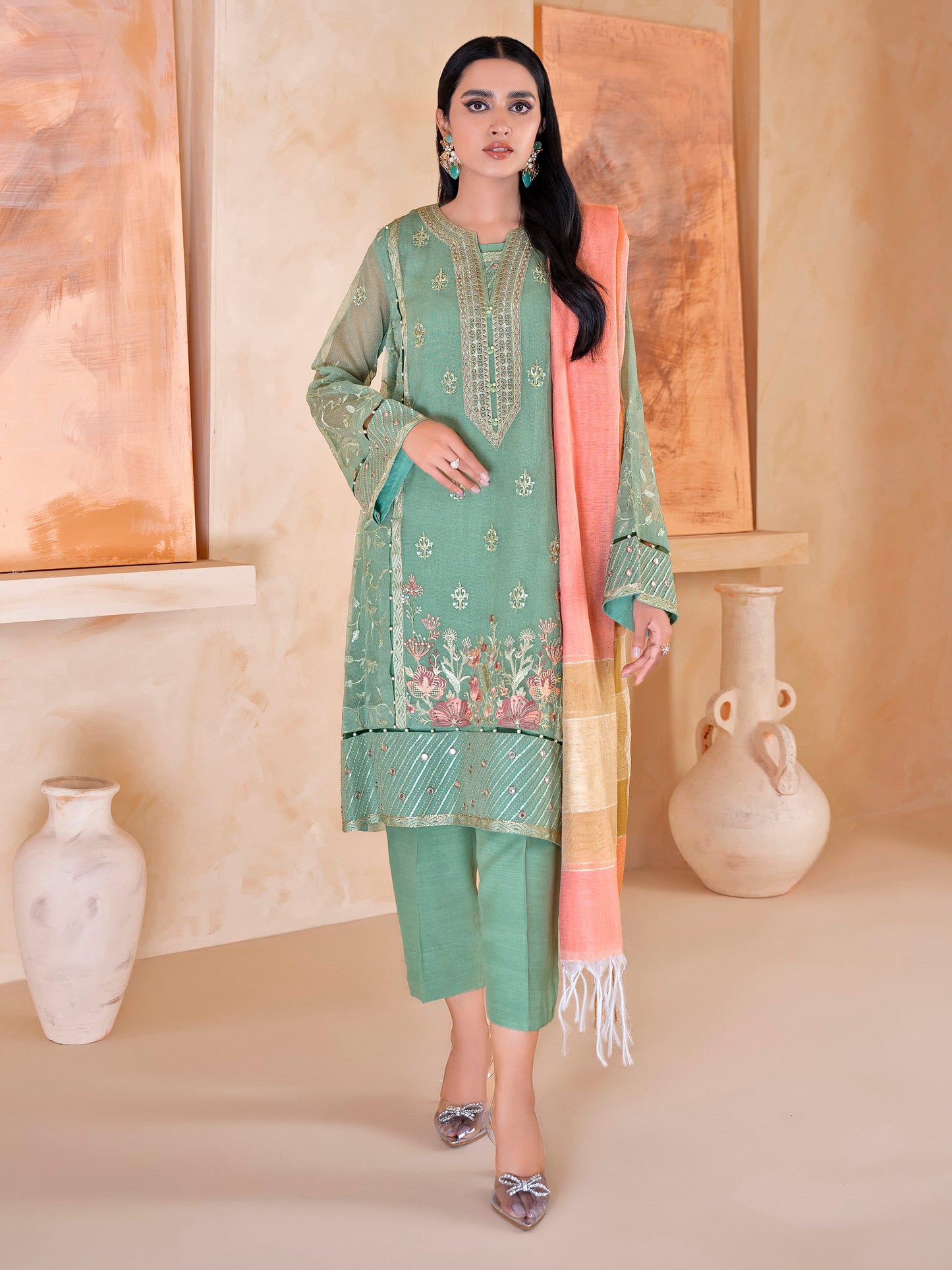 3 Piece Net Suit-Embroidered (Unstitched)