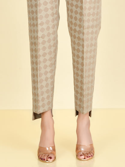 Printed Slub Khaddar Trouser - Beige