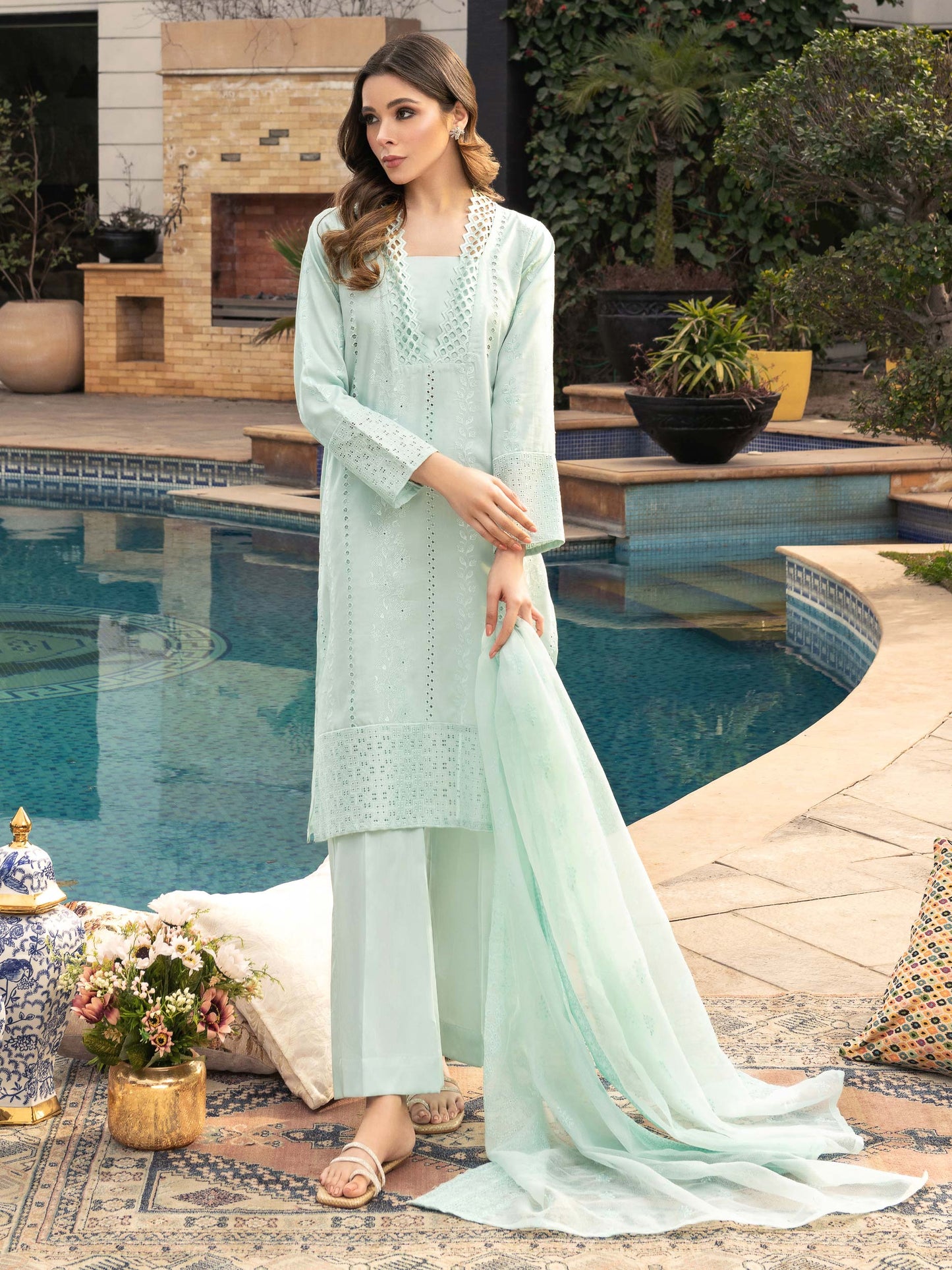 3 Piece Satin Suit-Embroidered (Unstitched)