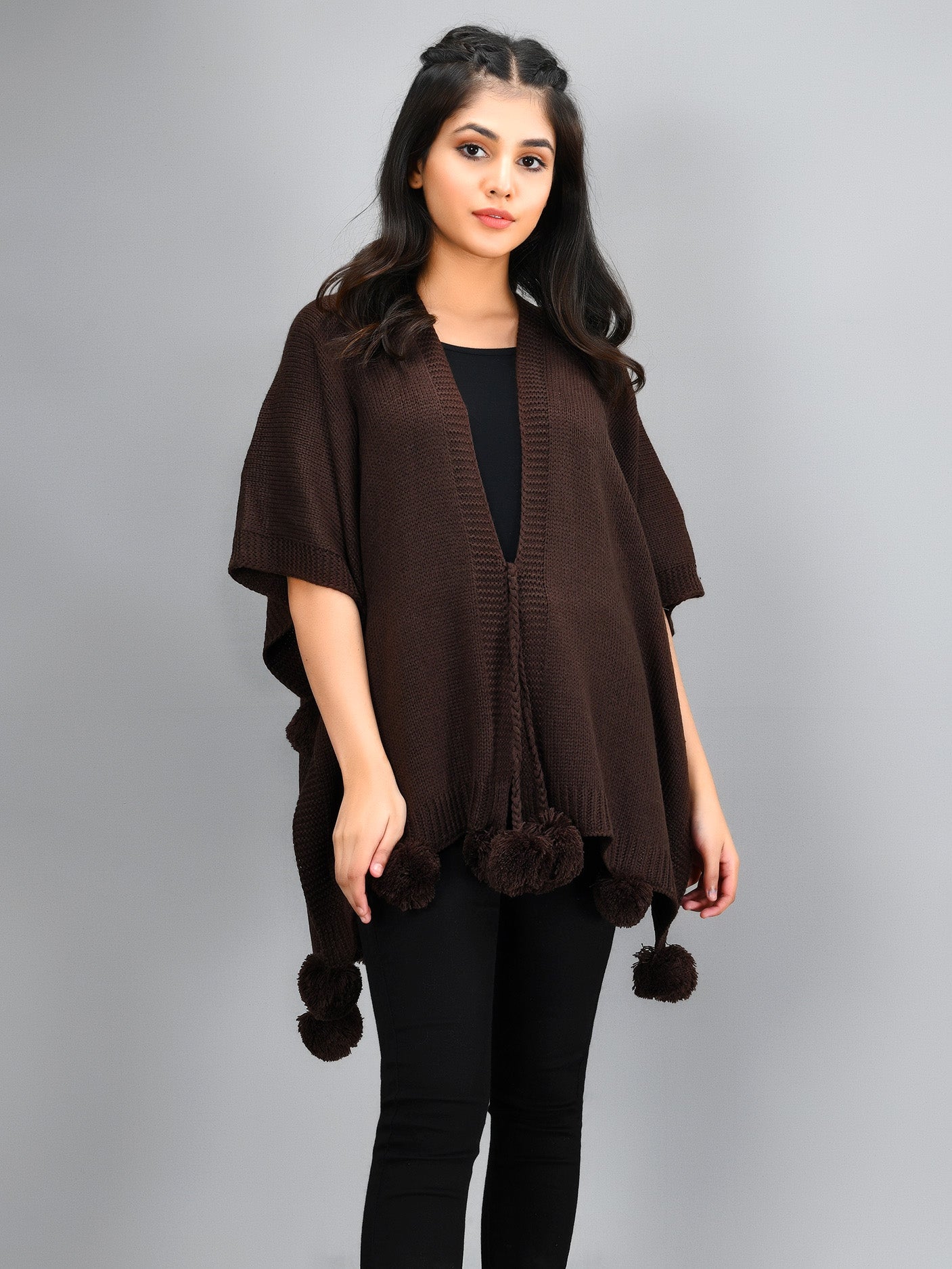 Pompom Detail Cape Shawl - Dark brown